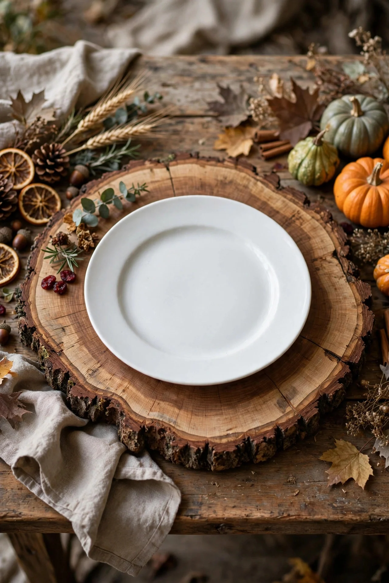 Wood slice charger under a plate at Thanksgiving