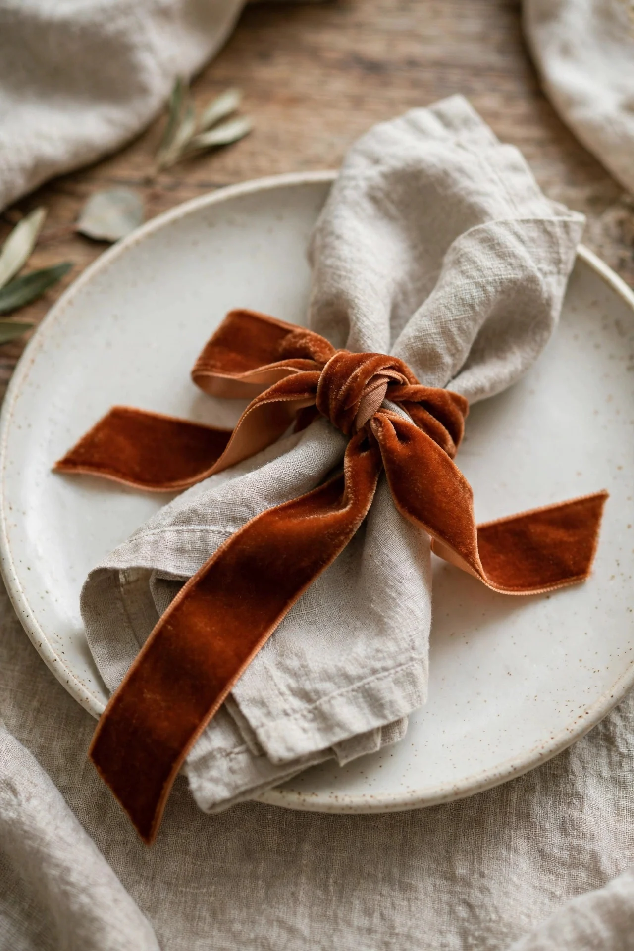 Napkin tied with rust velvet ribbon