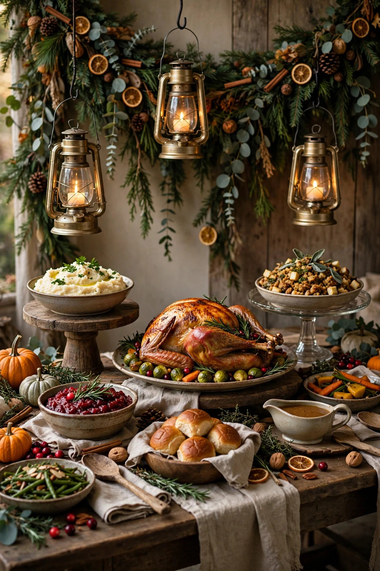 Styled Thanksgiving buffet table with garland backdrop