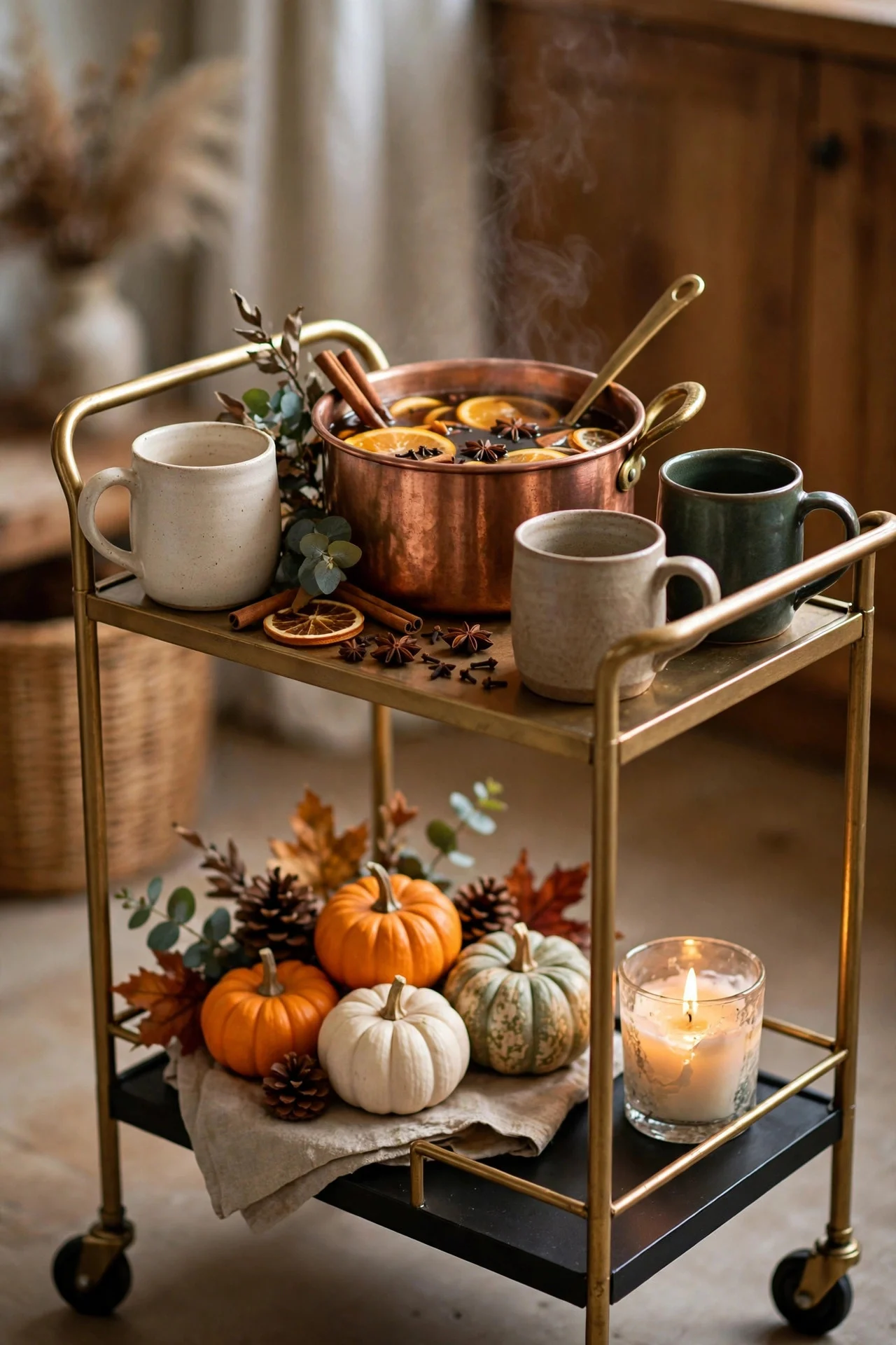 Candlelit Thanksgiving drink station with cider