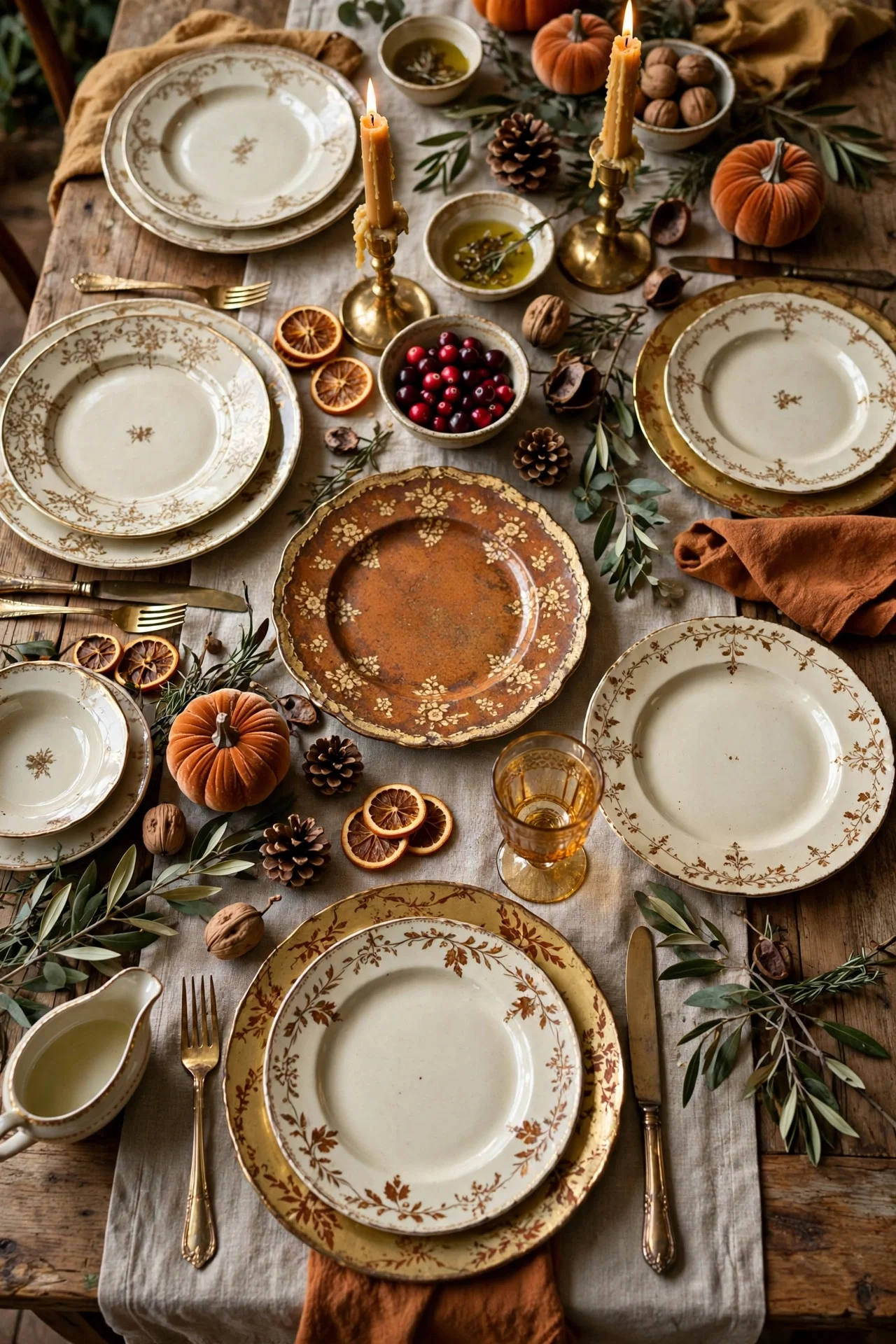 Mix-and-match vintage plates on a Thanksgiving table