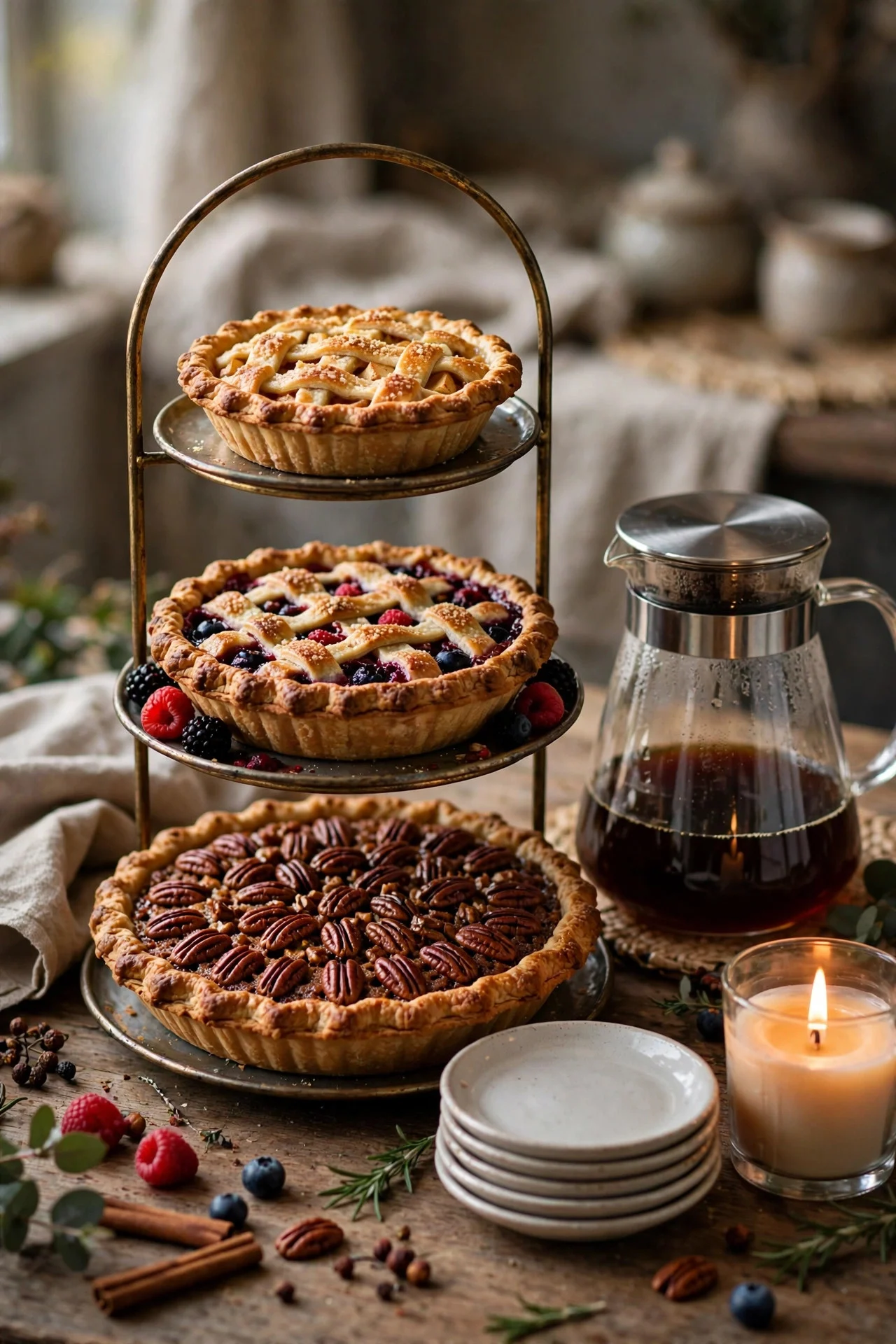 Thanksgiving dessert display with tiered pie stand
