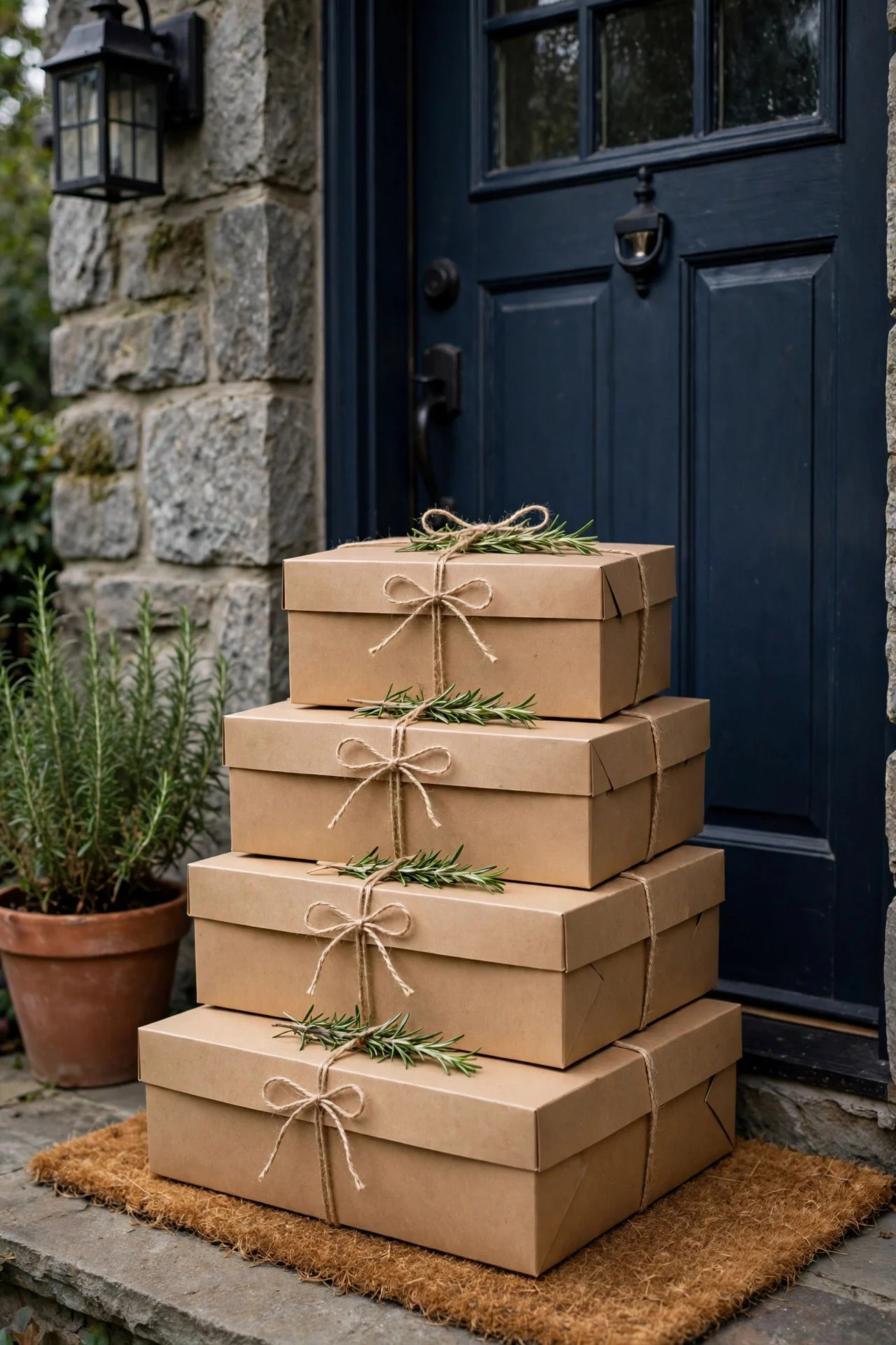Styled leftover boxes with twine and rosemary by a door