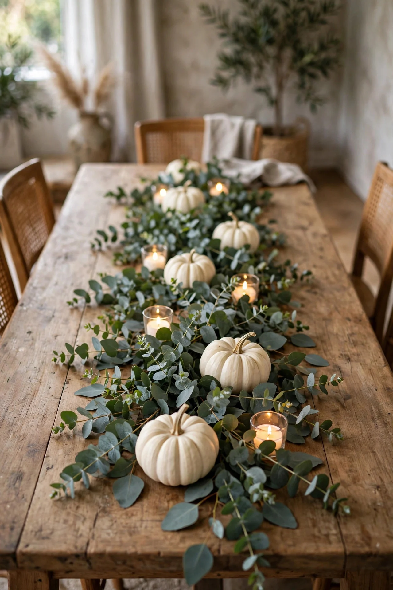 Low eucalyptus garland runner with white pumpkins and tea lights as Thanksgiving centerpiece