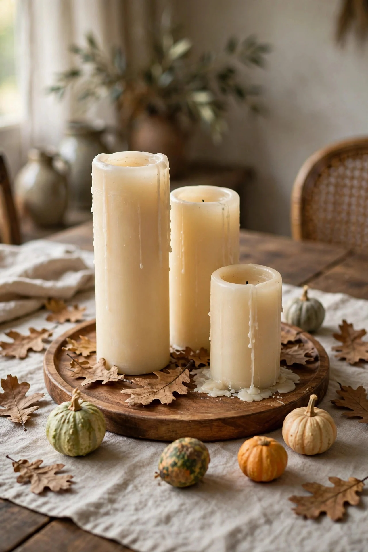 Clustered pillar candles on a wooden tray with dried leaves and mini gourds