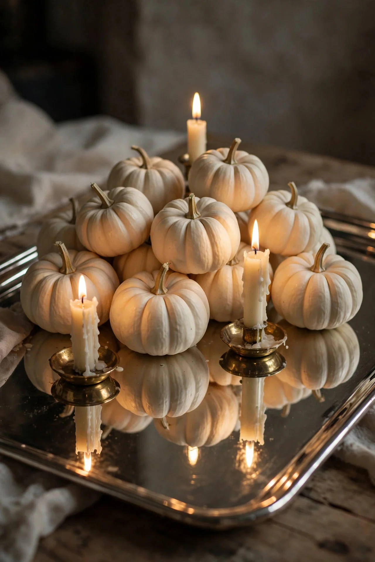 White pumpkins on a mirrored tray with ivory taper candles
