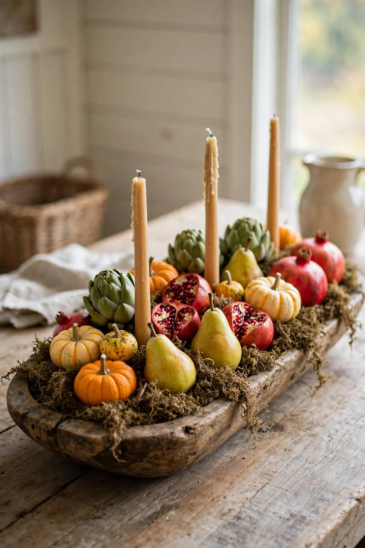 Wooden dough bowl filled with pumpkins, pears, and candles as harvest centerpiece