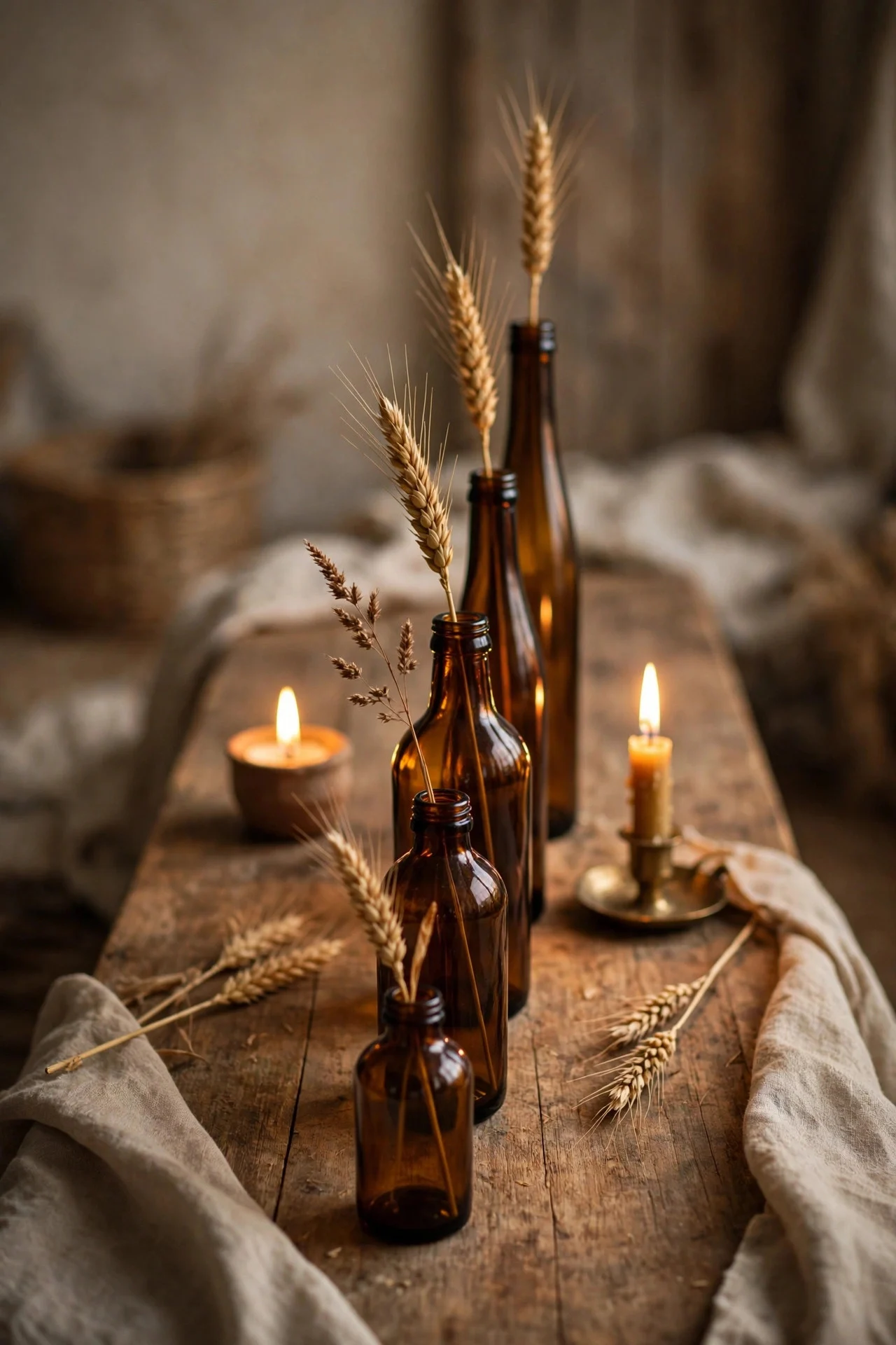 Amber glass bottles with single dried stems lined down a Thanksgiving table