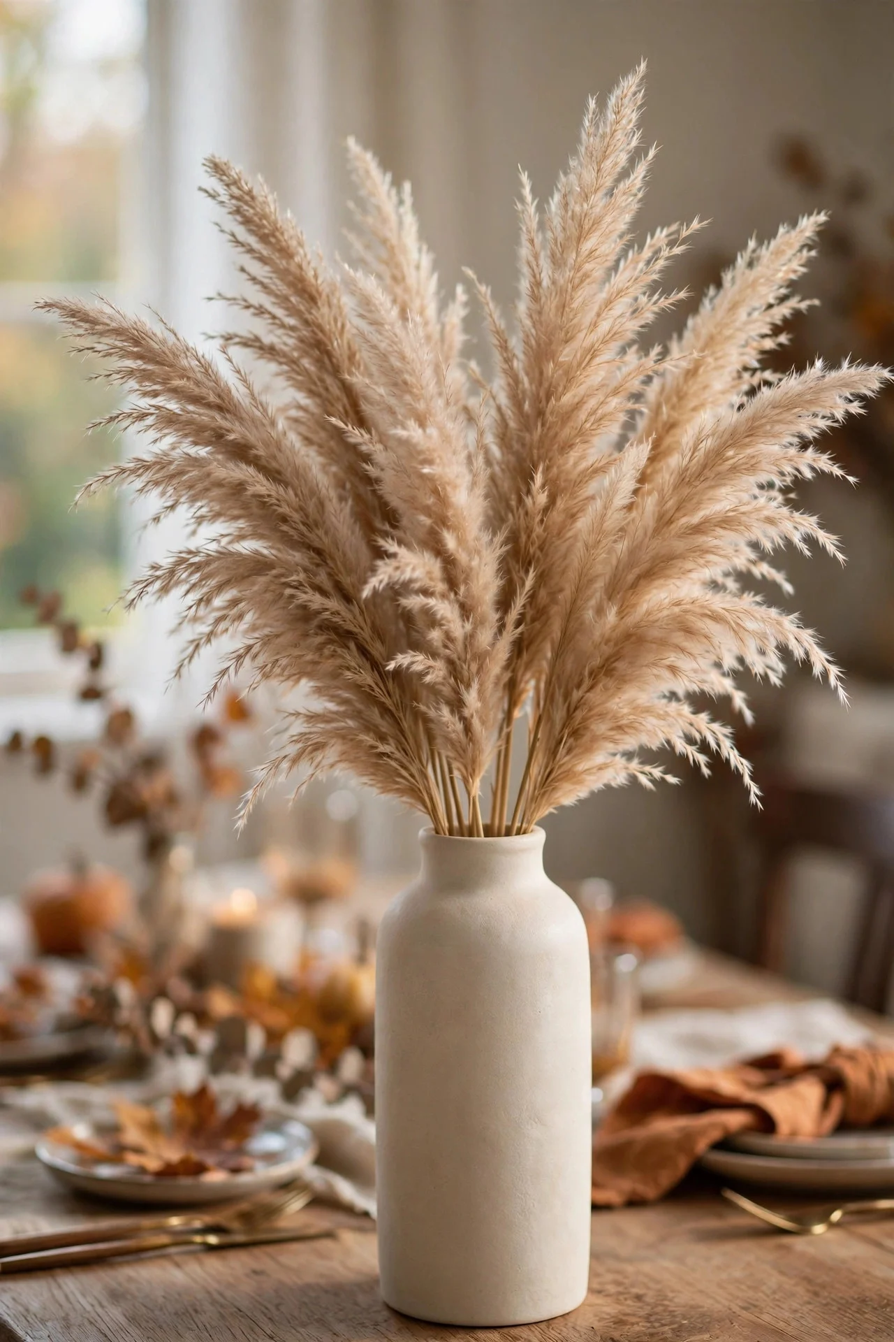 Pampas grass in a cream stoneware vase as Thanksgiving centerpiece