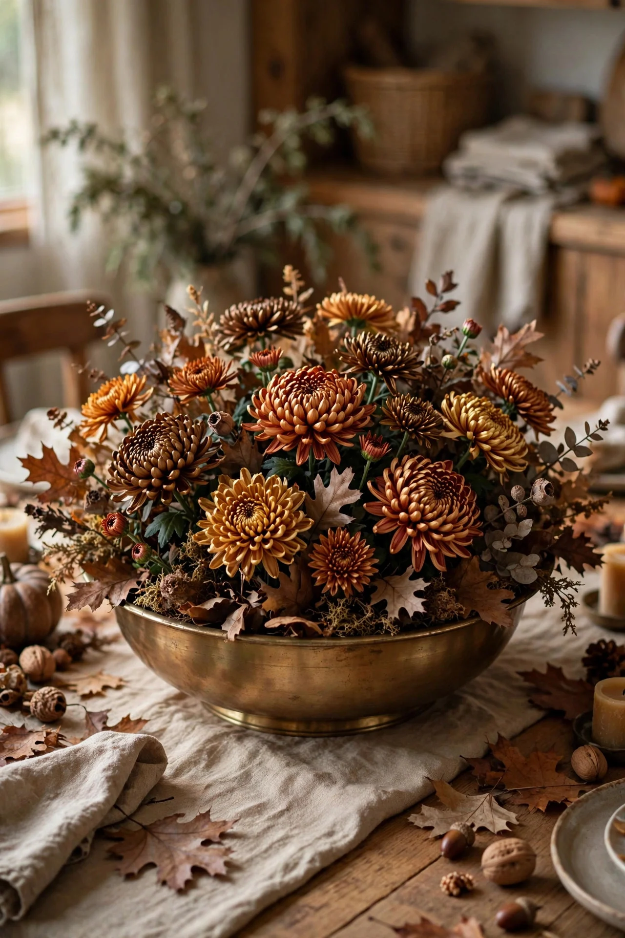 Copper and bronze mums in a low brass bowl centerpiece