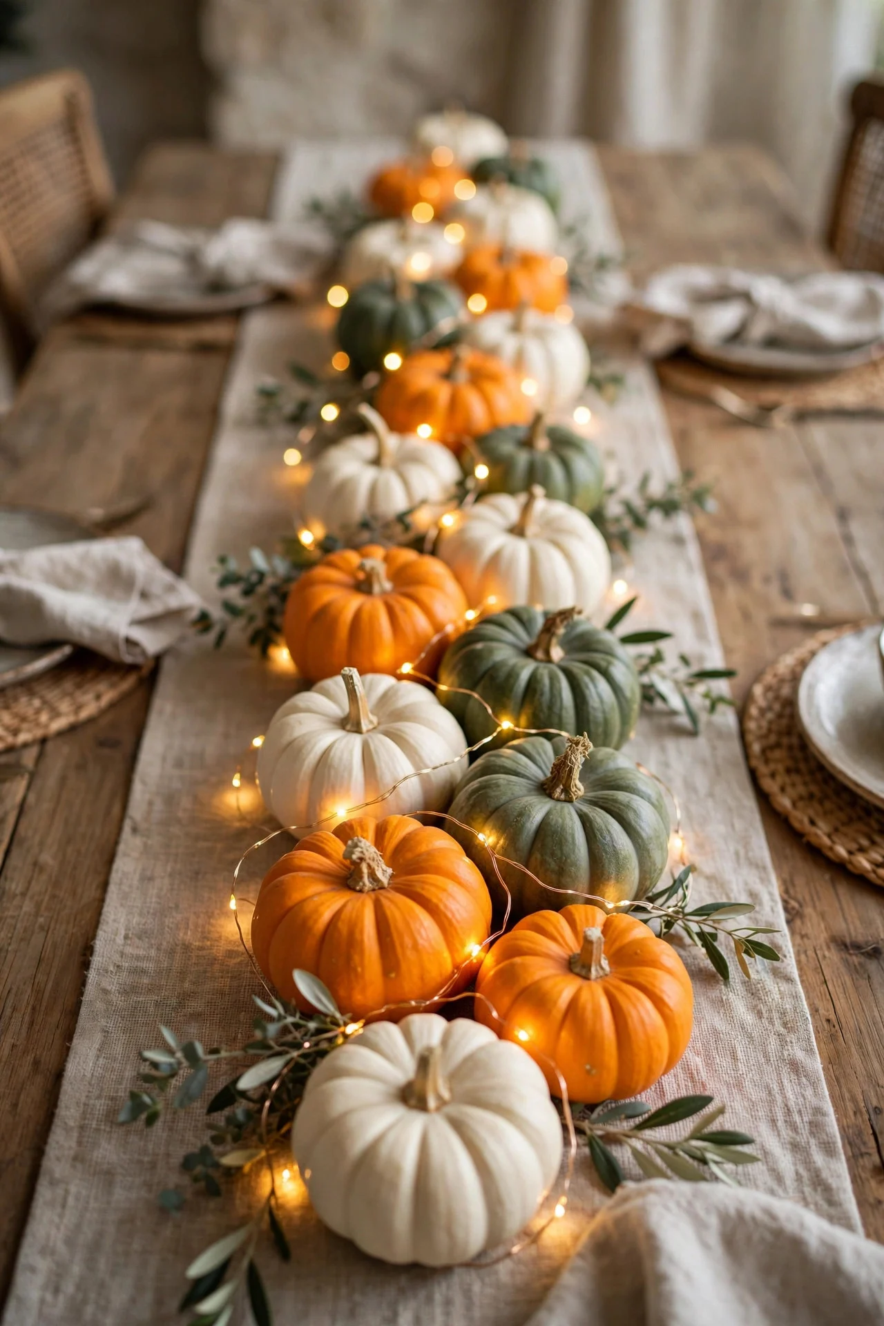 Mini pumpkins as place cards lined down the Thanksgiving table