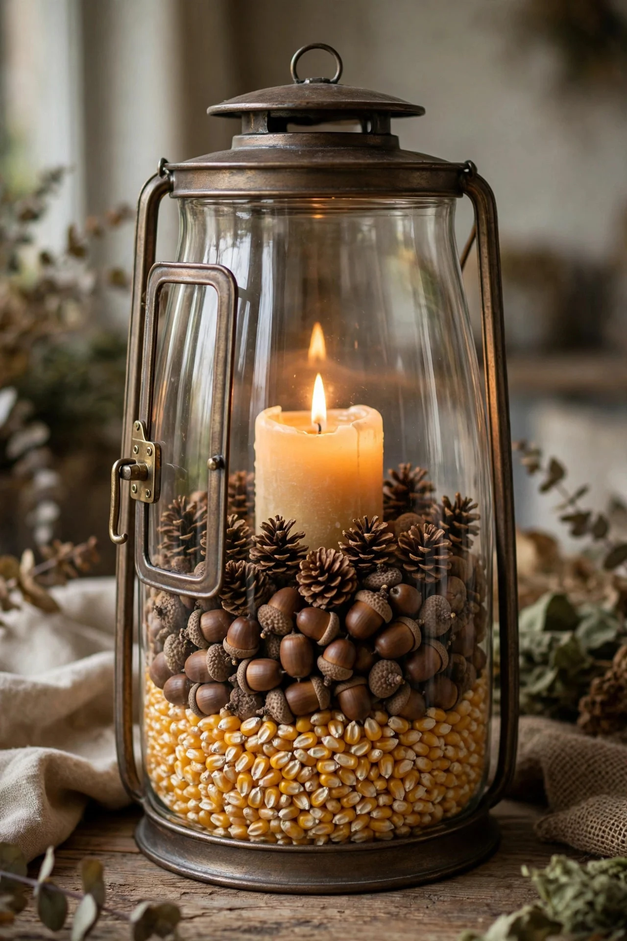 Hurricane lantern layered with corn kernels, acorns, and pinecones around a candle