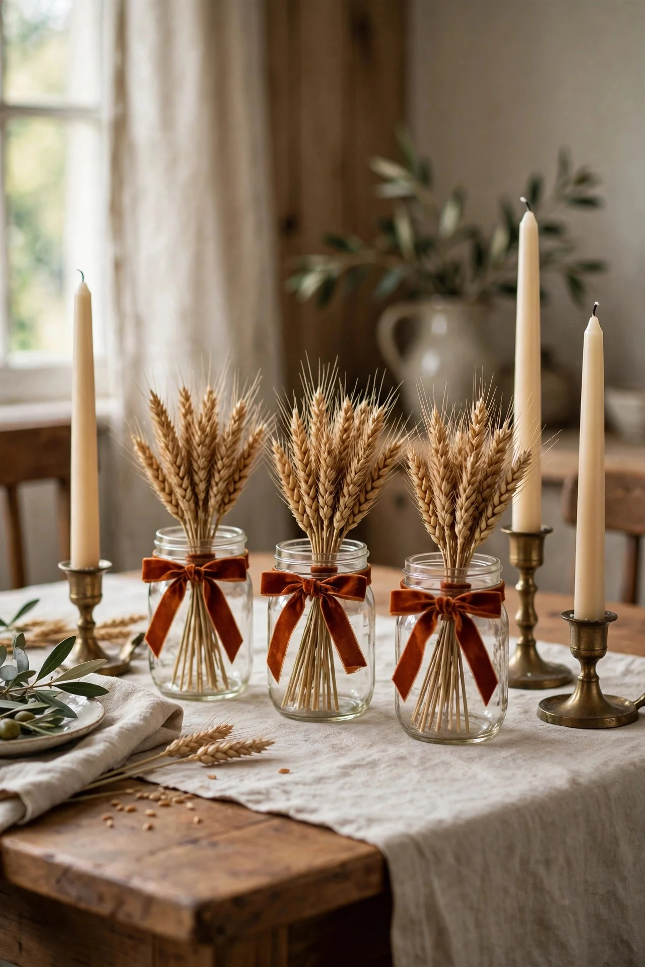 Dried wheat bundles tied with velvet ribbon in mason jars