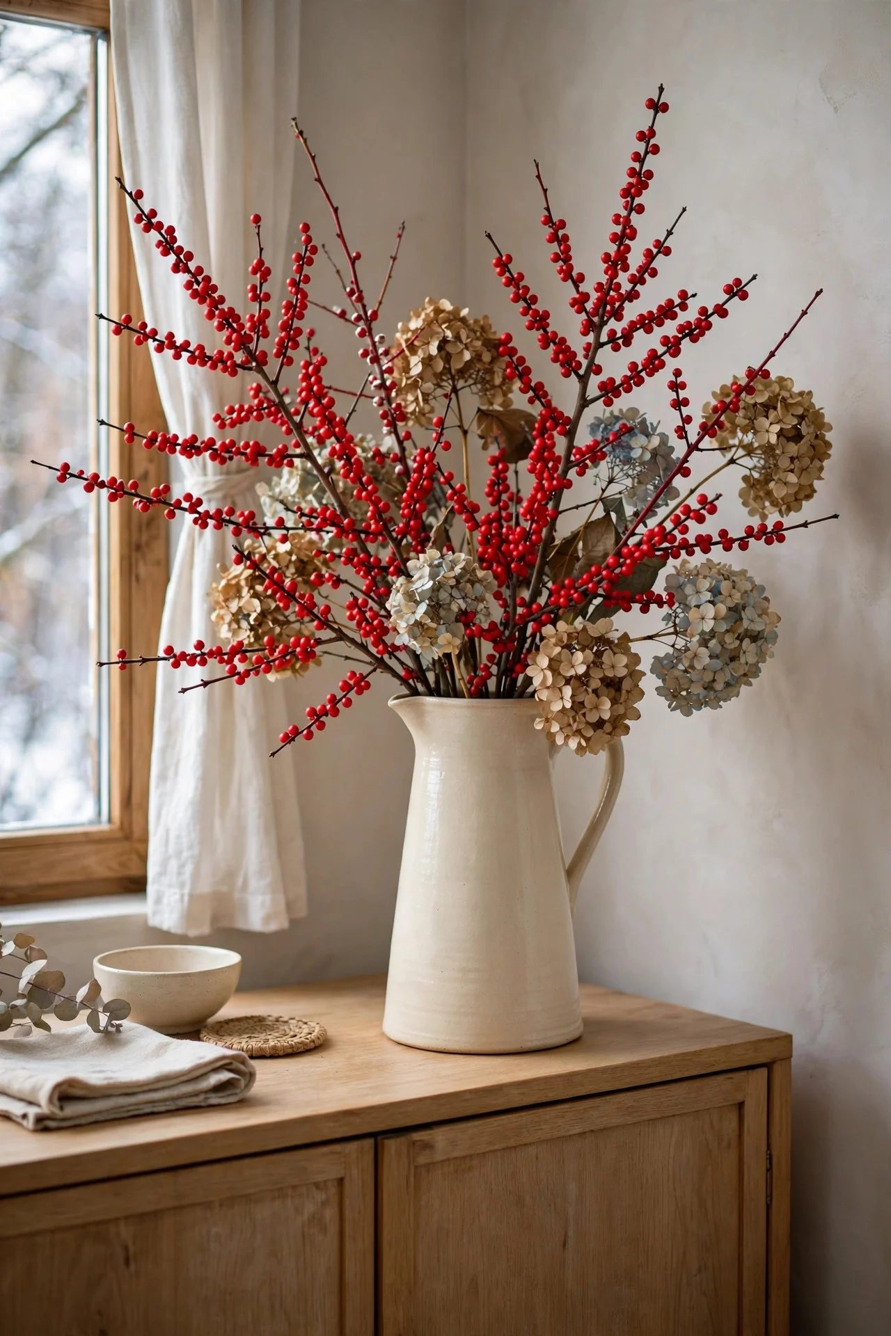 Red winterberry branches in a tall ceramic pitcher