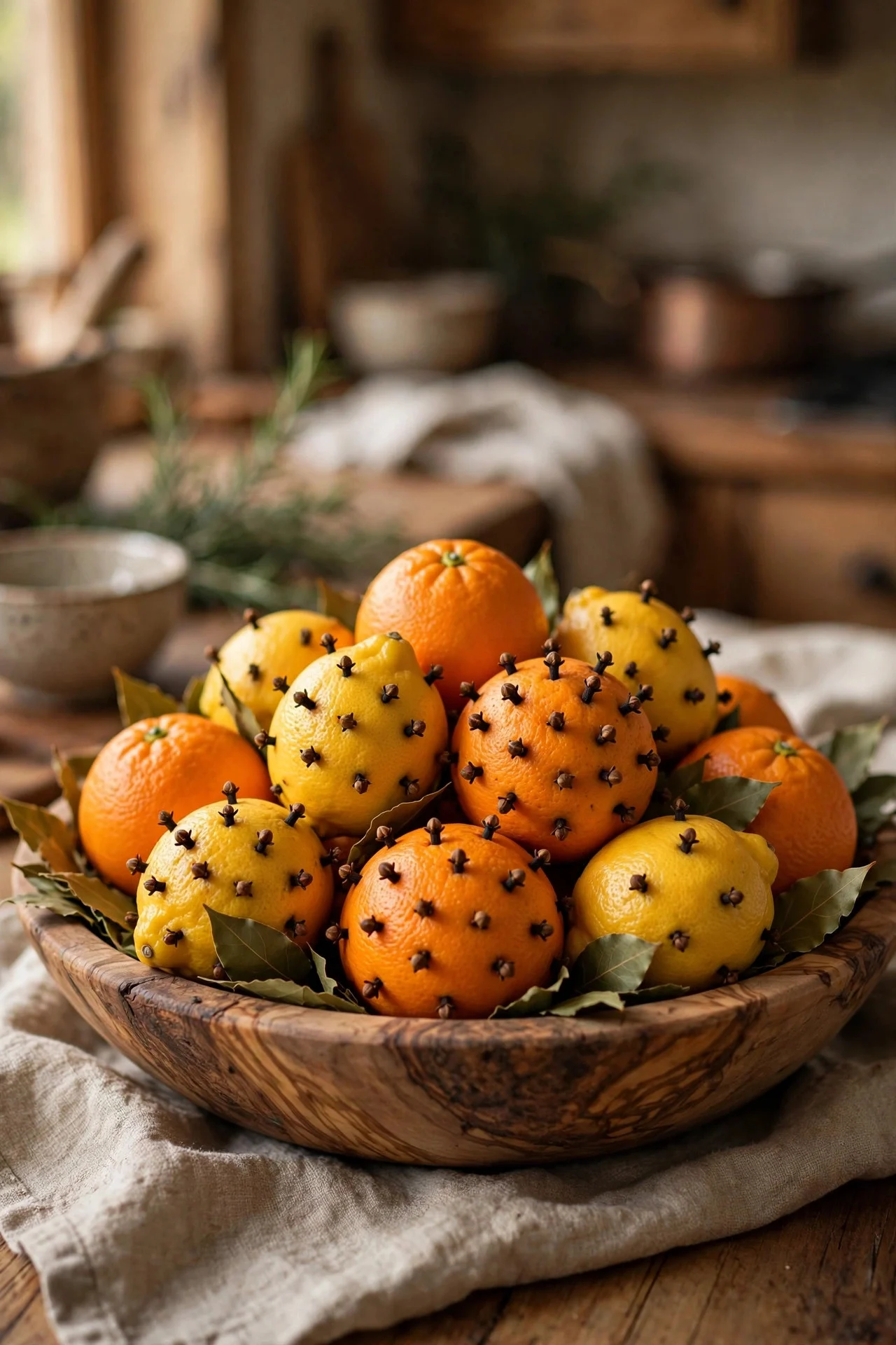 Citrus pomanders studded with cloves in a bowl centerpiece