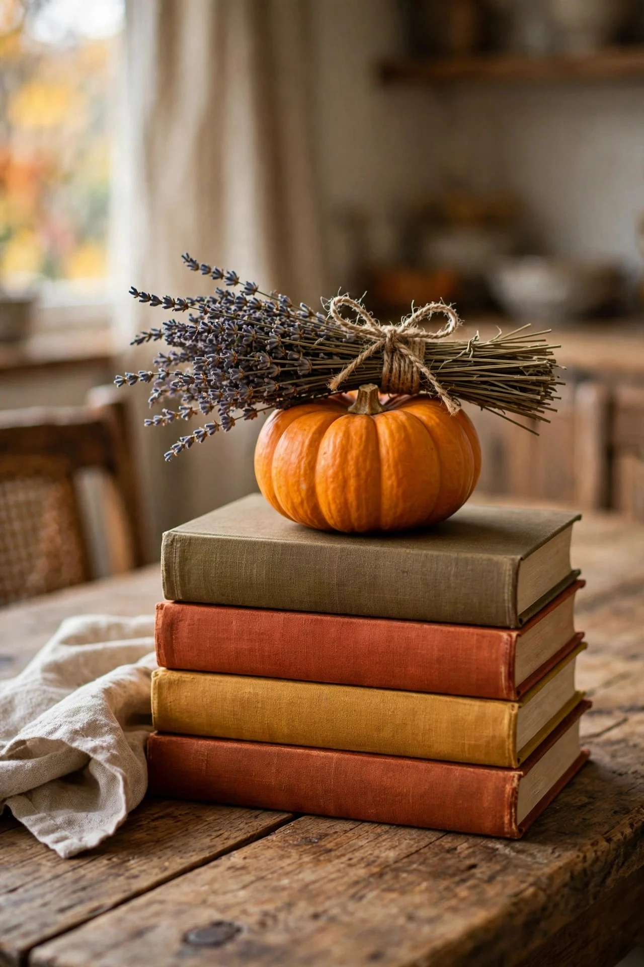 Stack of vintage books topped with a small pumpkin and lavender