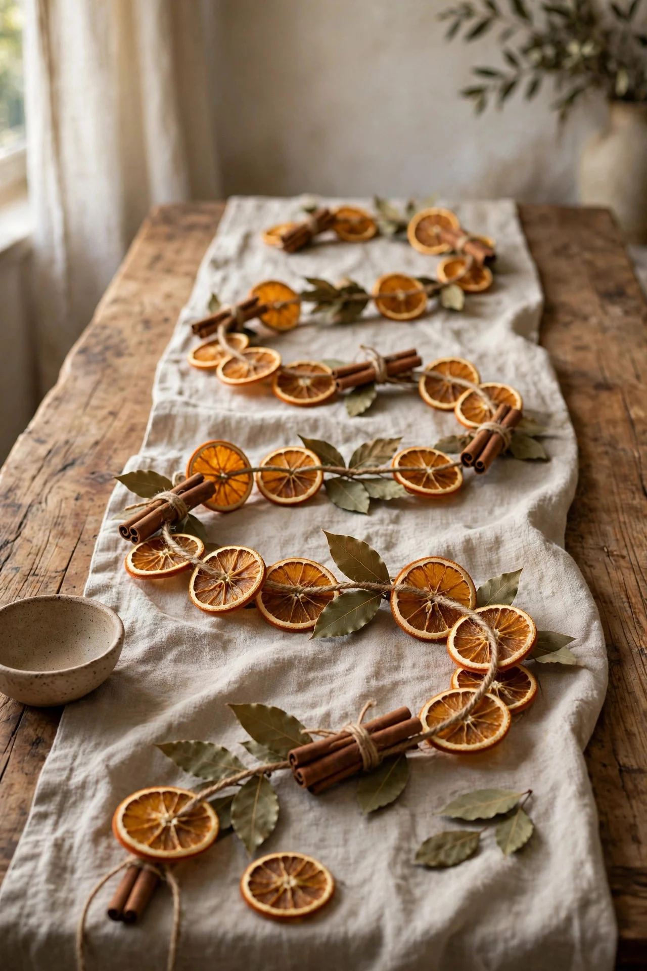 Dried orange slice garland draped down the Thanksgiving table