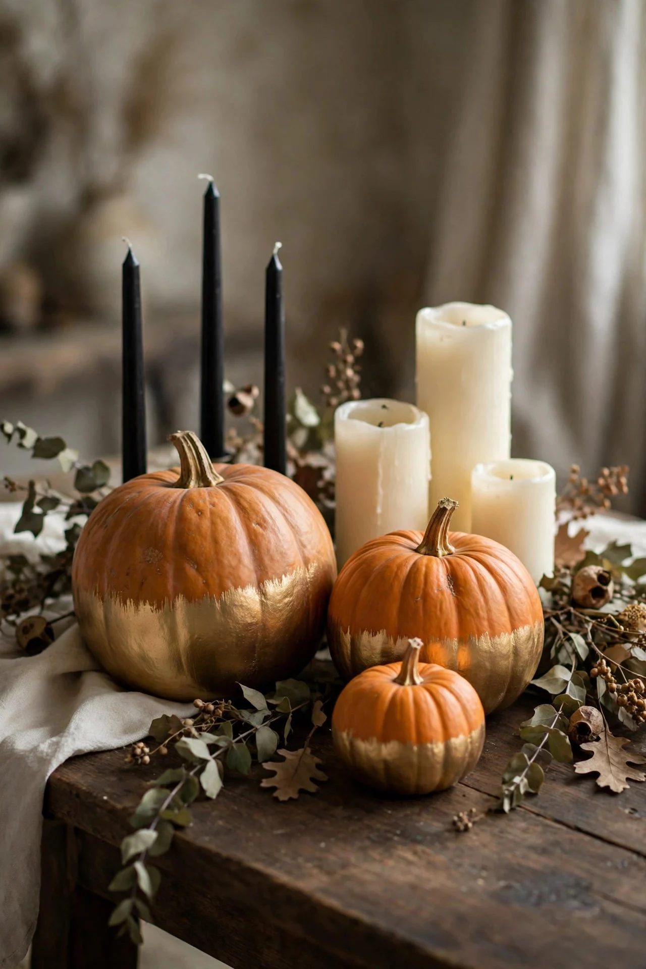 Gold-dipped pumpkins with candles as luxe Thanksgiving centerpiece