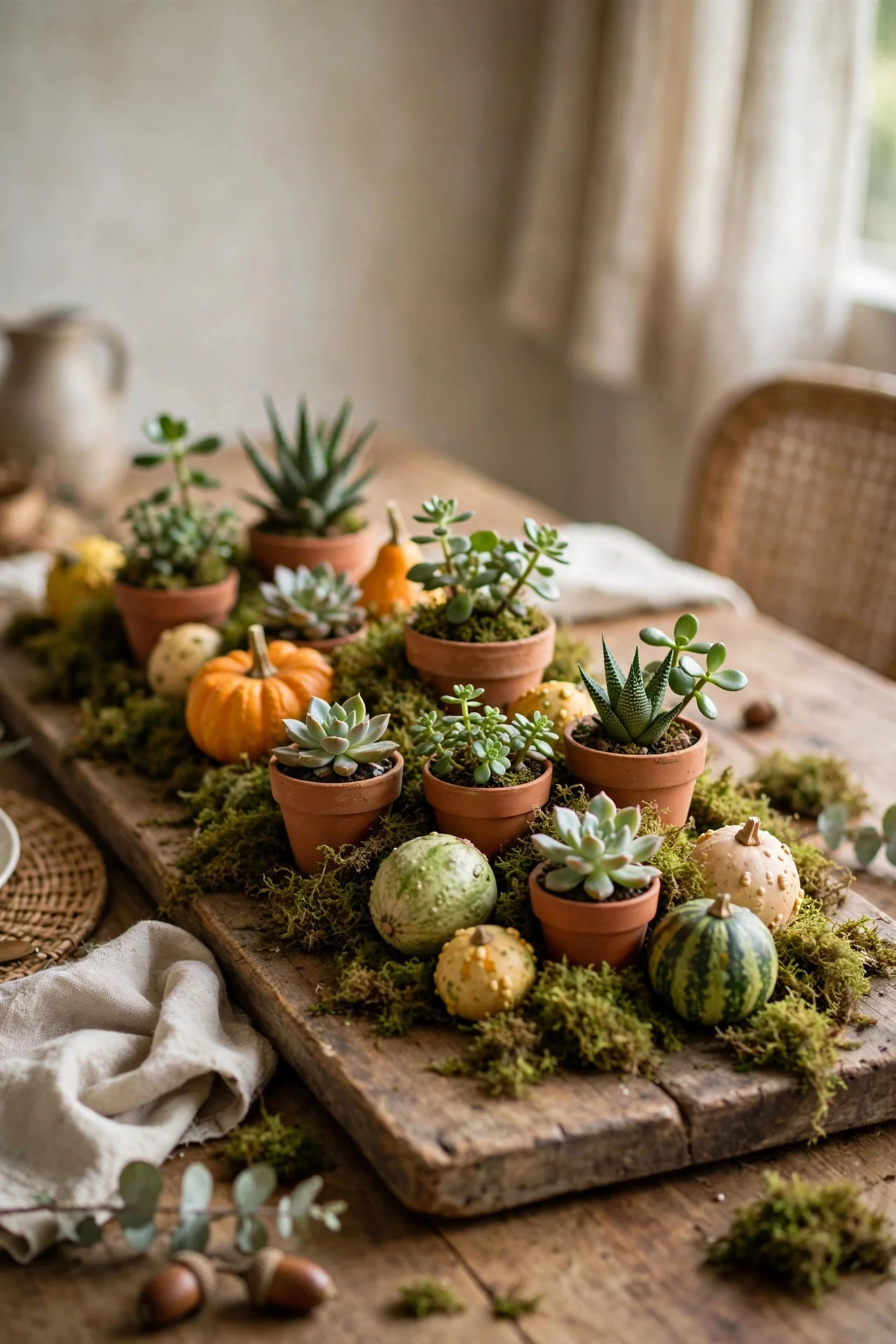 Succulents in terracotta pots mixed with mini gourds on a wooden board