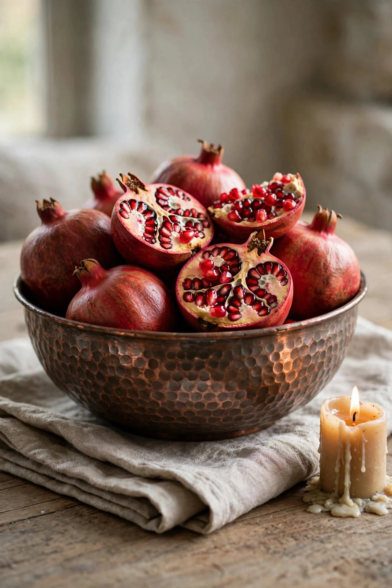 Simple bowl of pomegranates as elegant Thanksgiving centerpiece