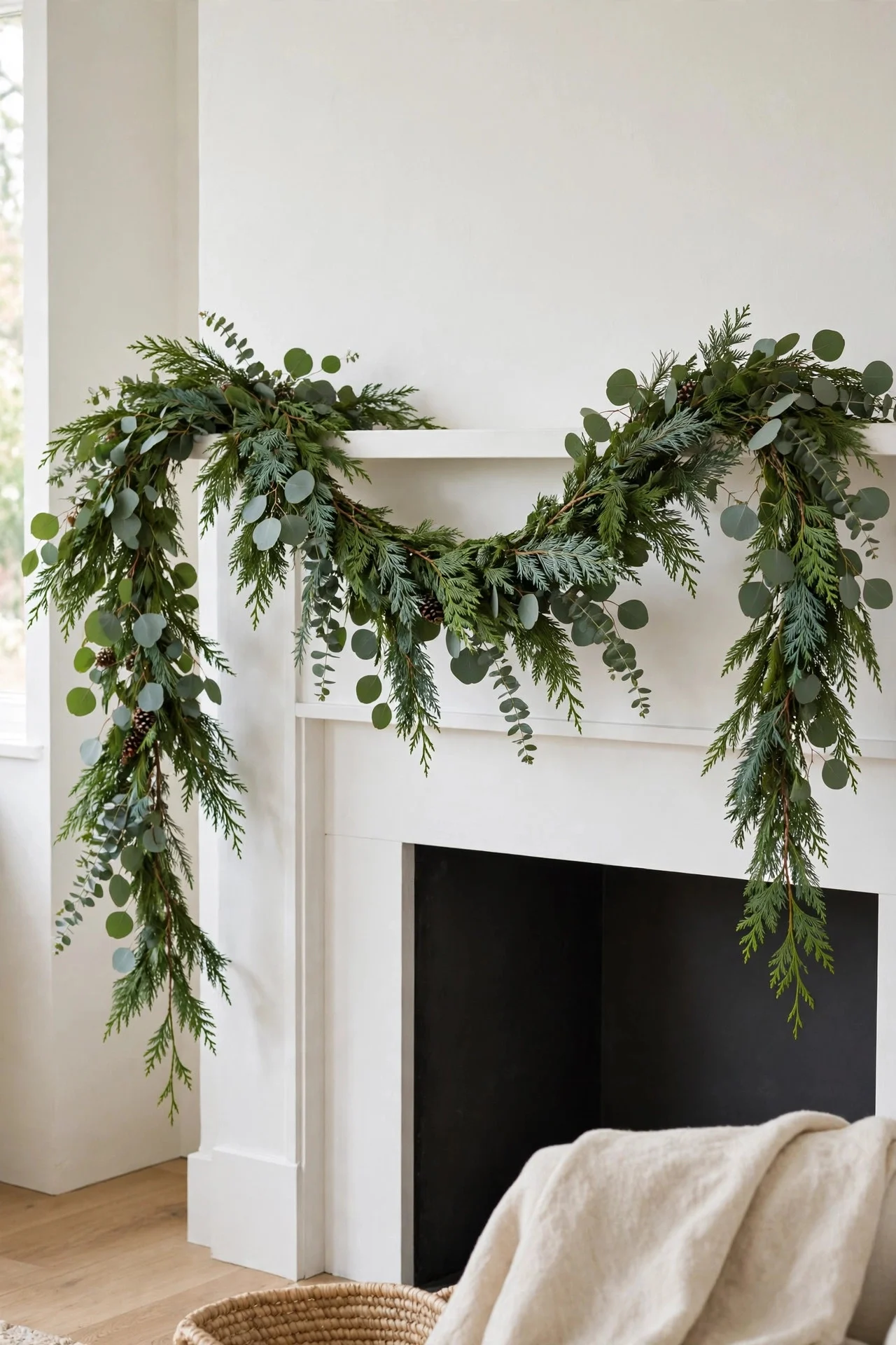 Fresh cedar garland draped across a fireplace mantel