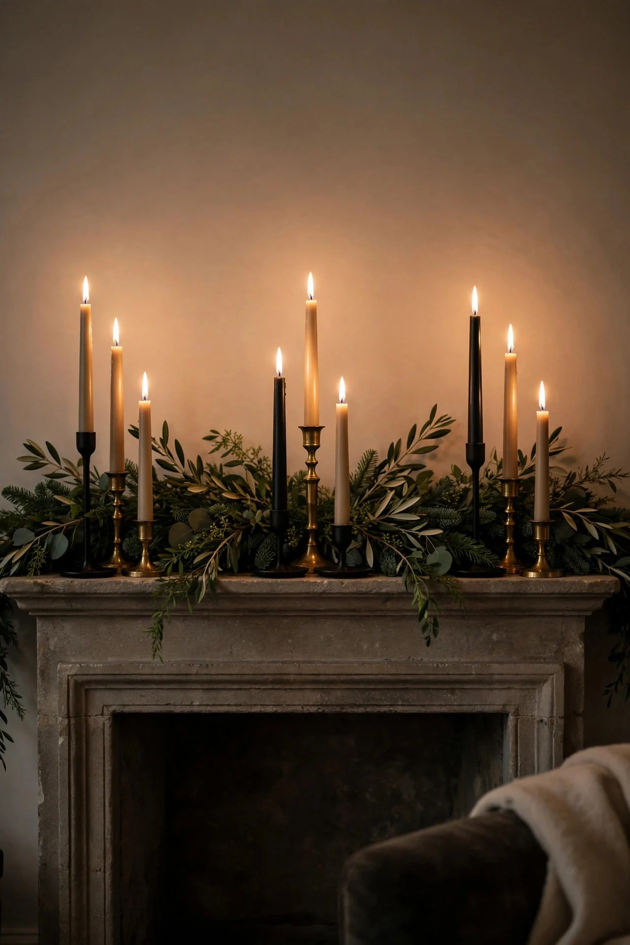 Mixed-height taper candles in brass holders on a Thanksgiving mantel