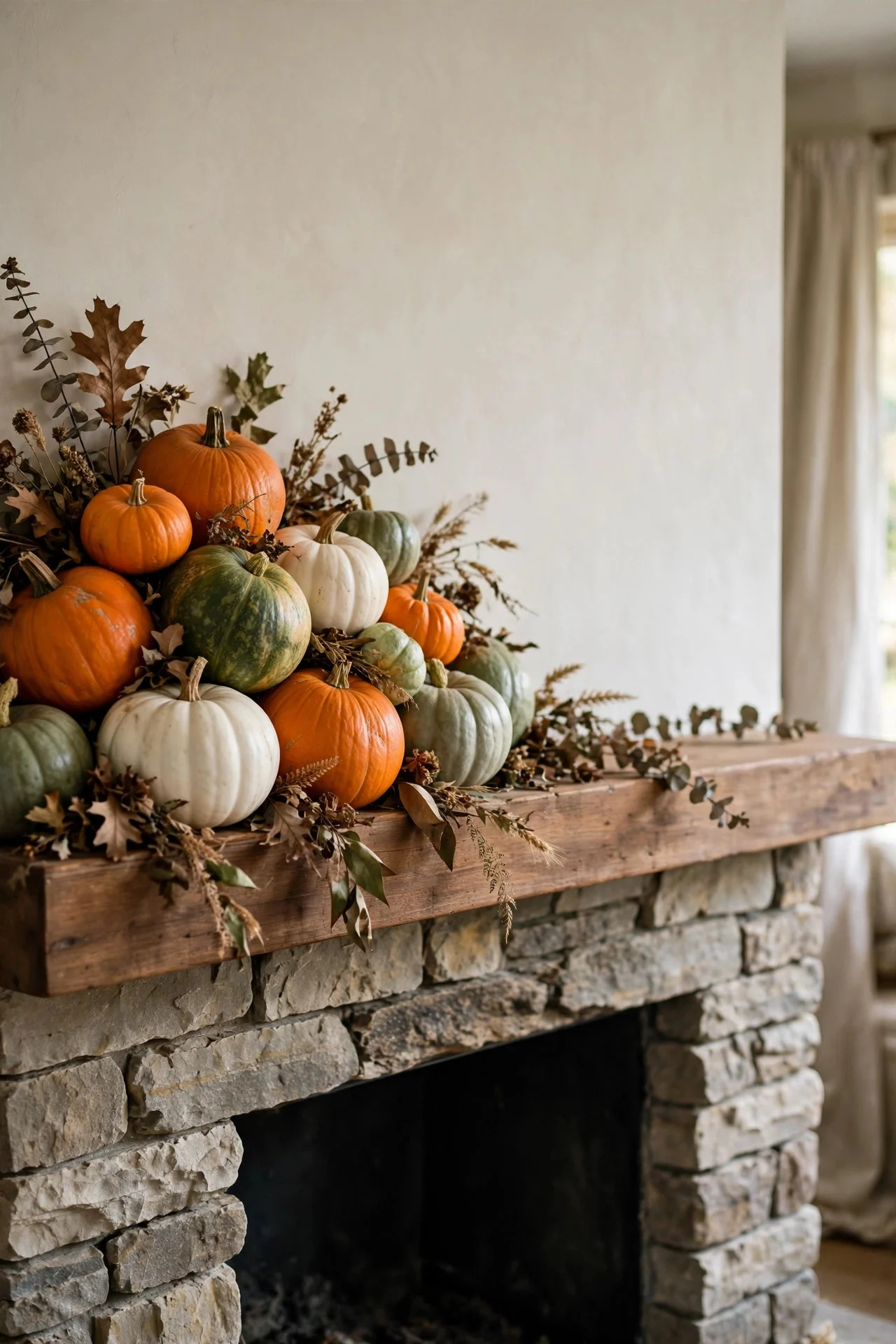 Asymmetrical pumpkin cluster on one end of a mantel