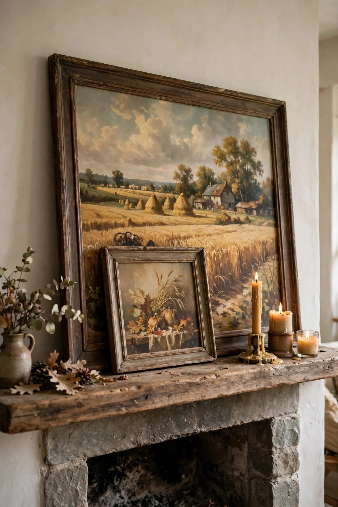 Vintage fall print leaned above a decorated mantel