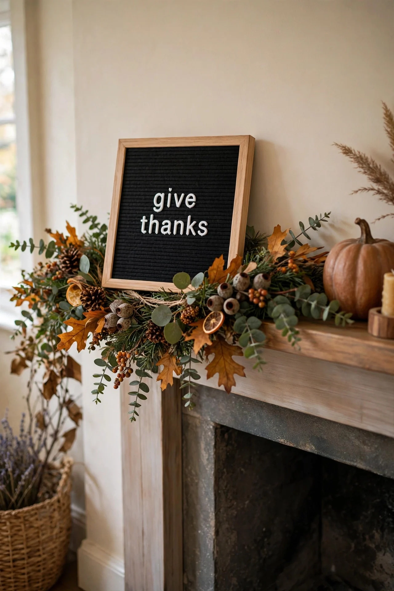 Give thanks letter board on a Thanksgiving mantel