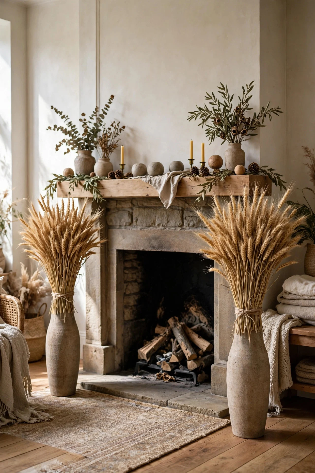 Tall vases with wheat sheaves flanking a fireplace