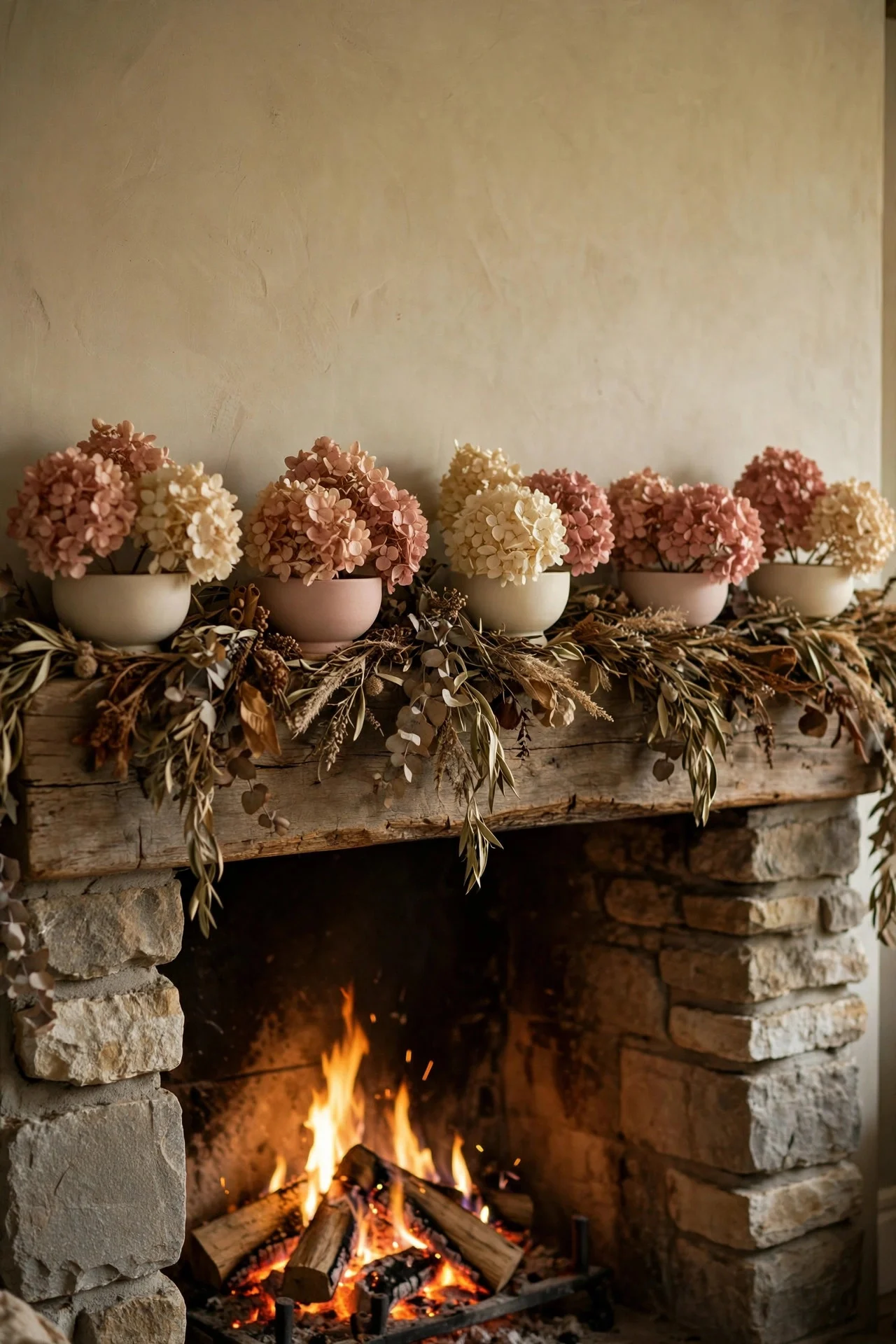 Dried hydrangeas in low vessels on a Thanksgiving mantel