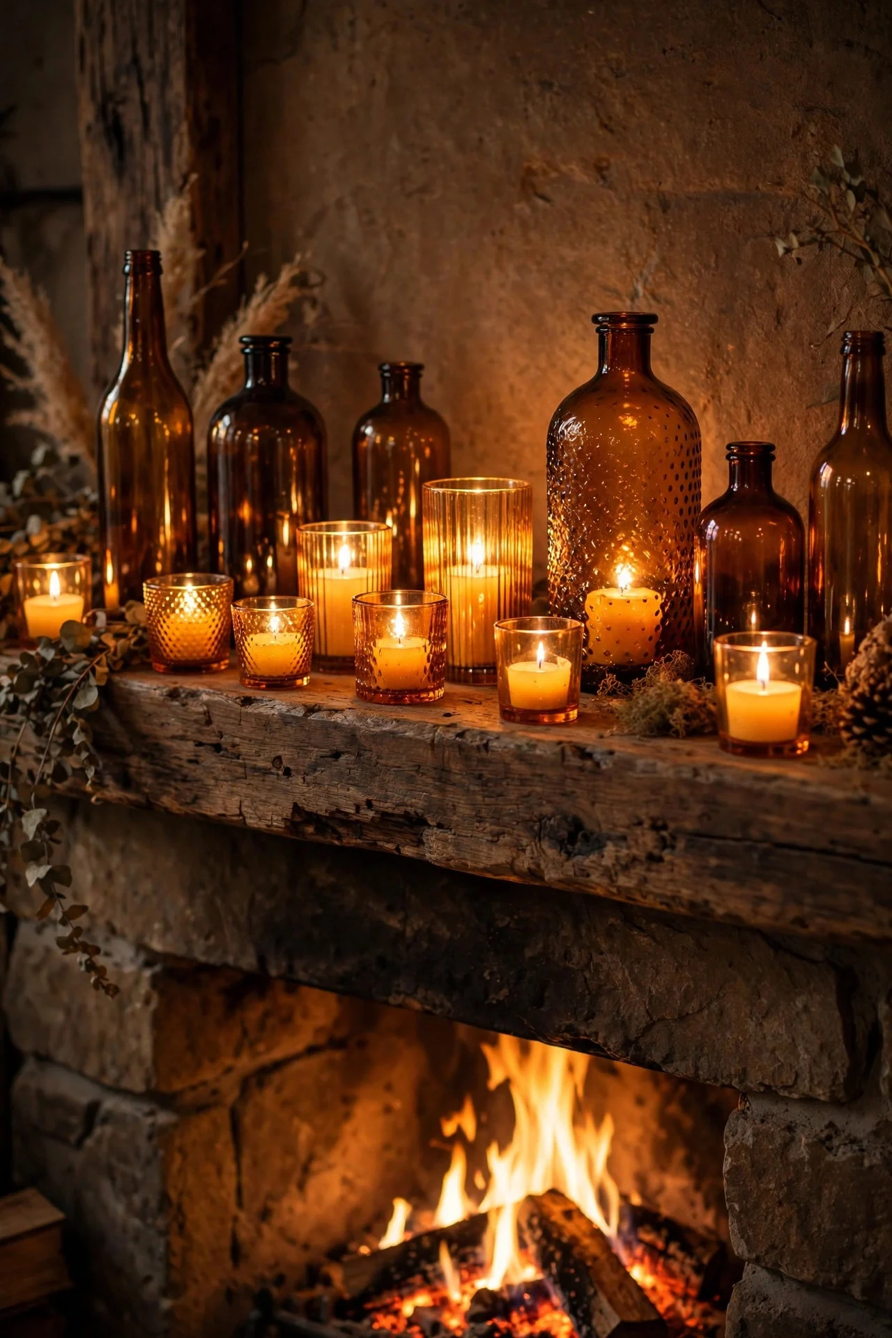 Amber glass bottles catching firelight on a mantel