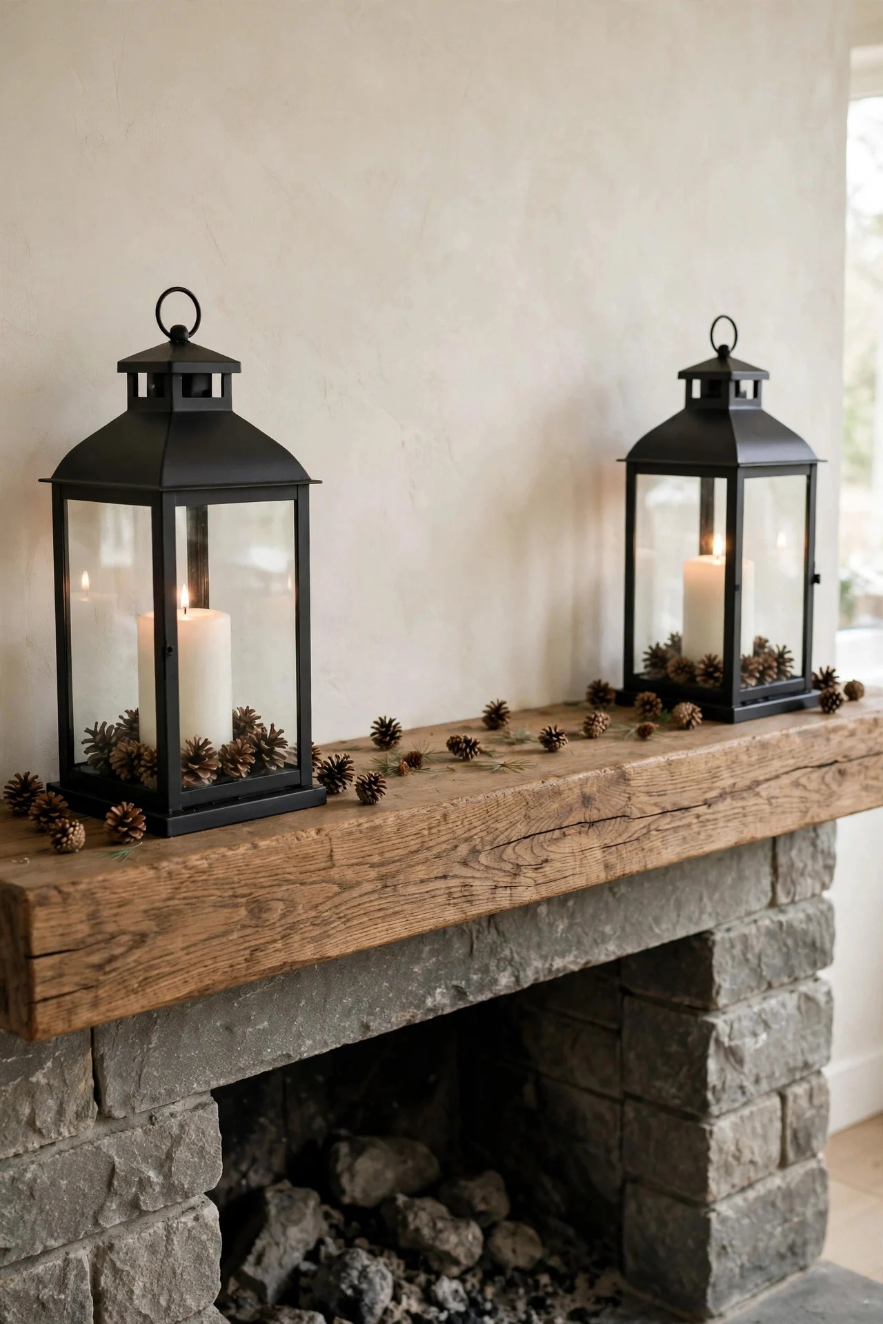 Matching lanterns as bookends on a Thanksgiving mantel