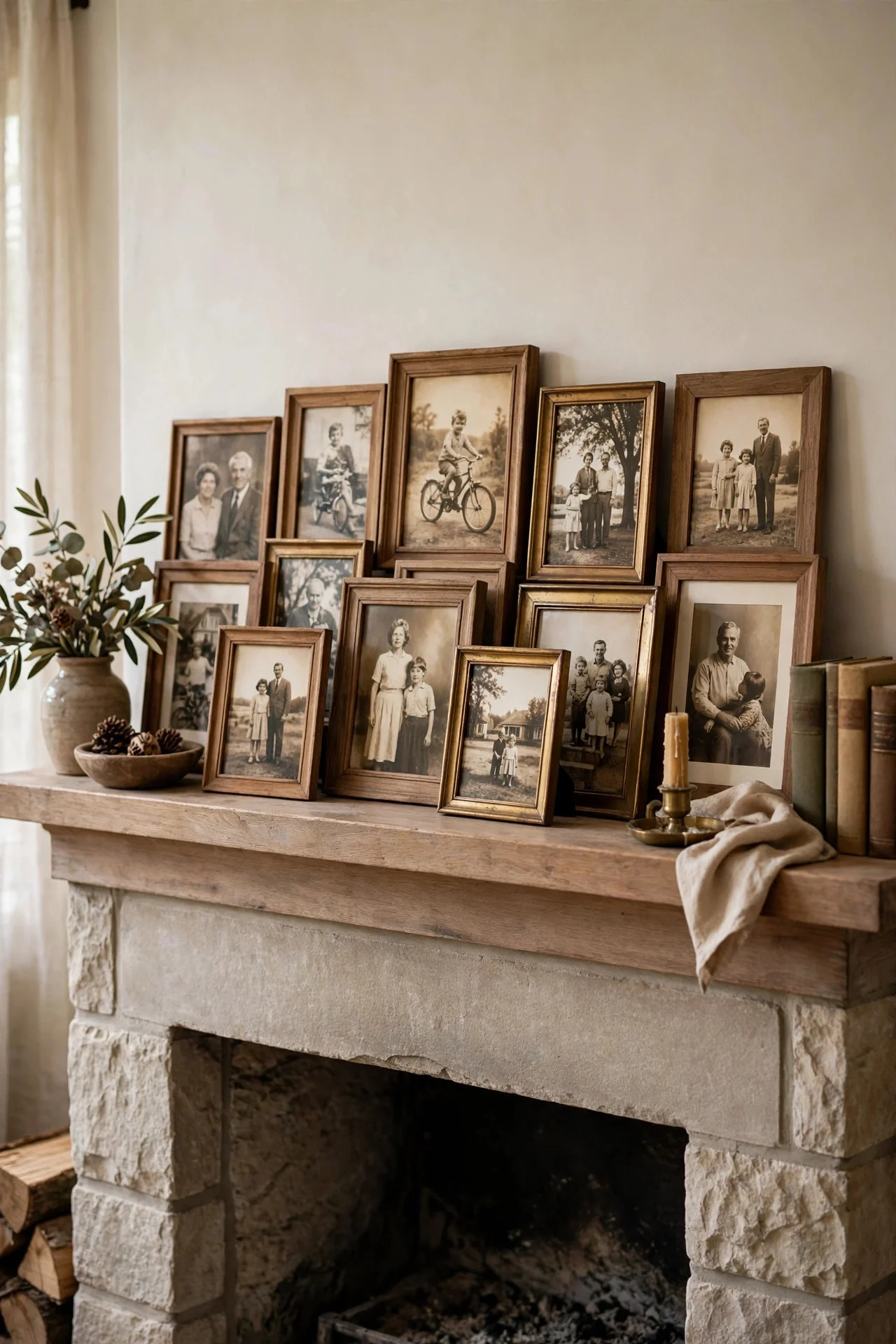 Family photos in warm wood frames on a Thanksgiving mantel