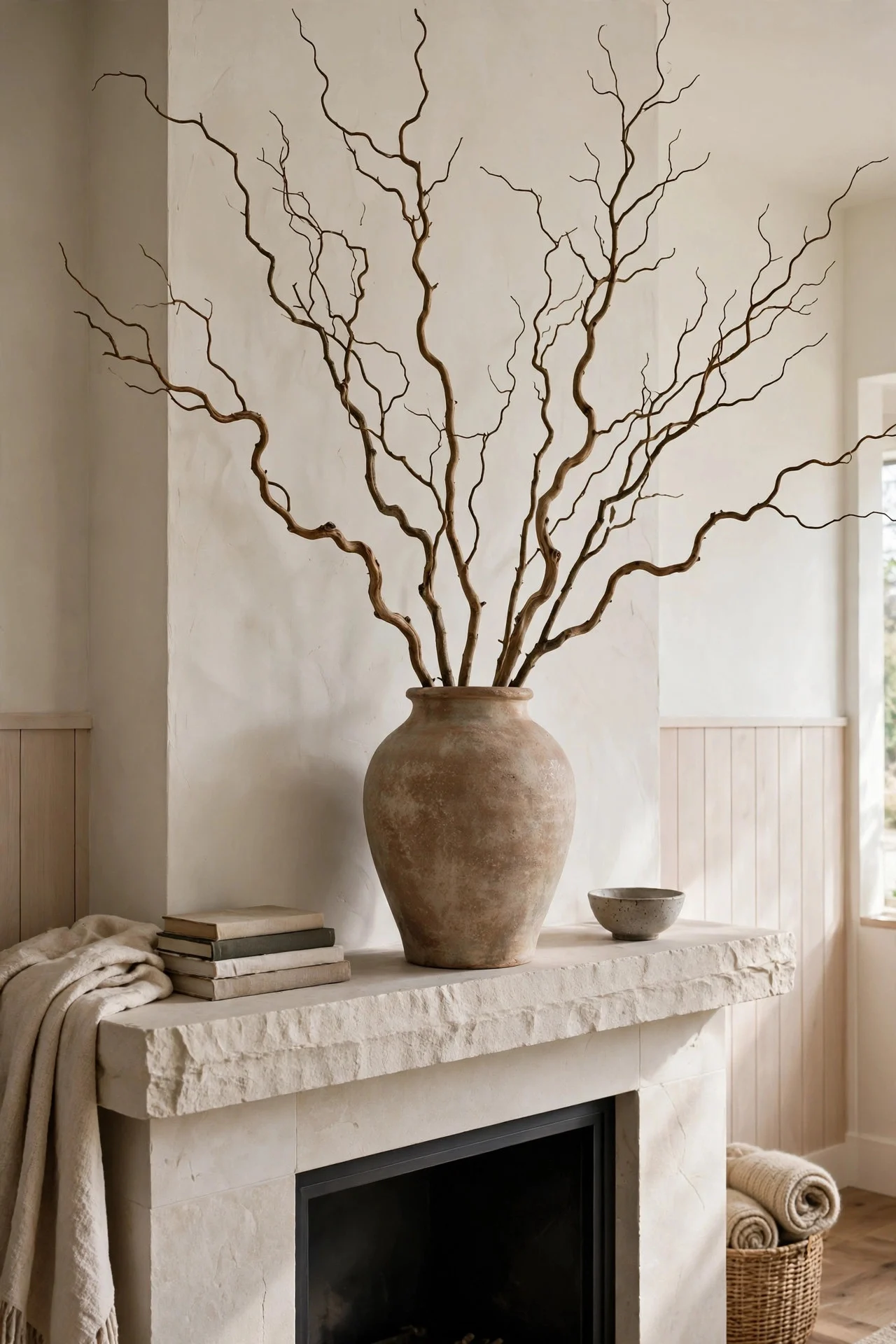 Tall foraged branches in a statement vase on a mantel