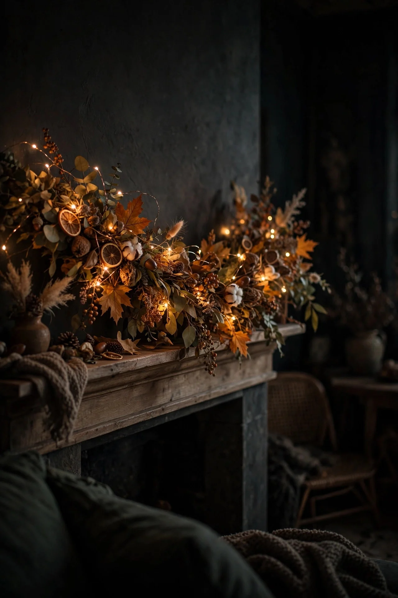 Fairy lights woven through a mantel garland glowing at dusk