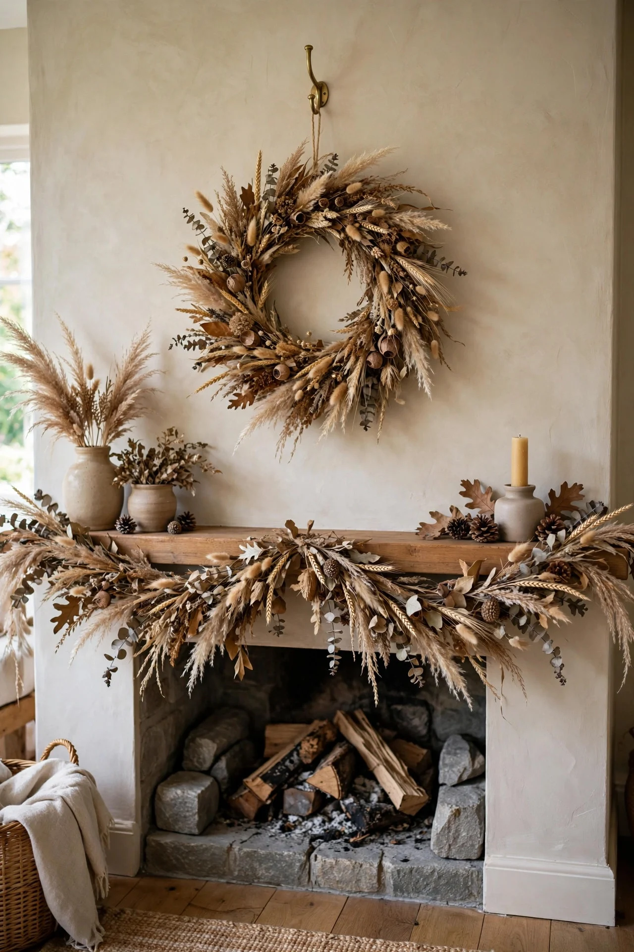 Fall wreath above mantel with matching garland below
