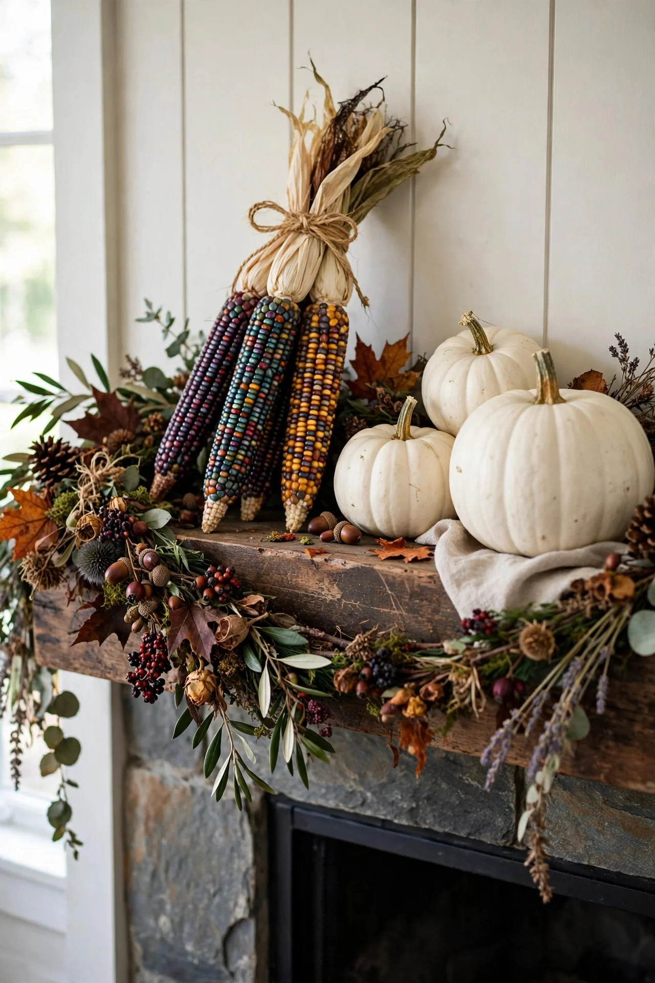 Indian corn accents tied with twine on a Thanksgiving mantel