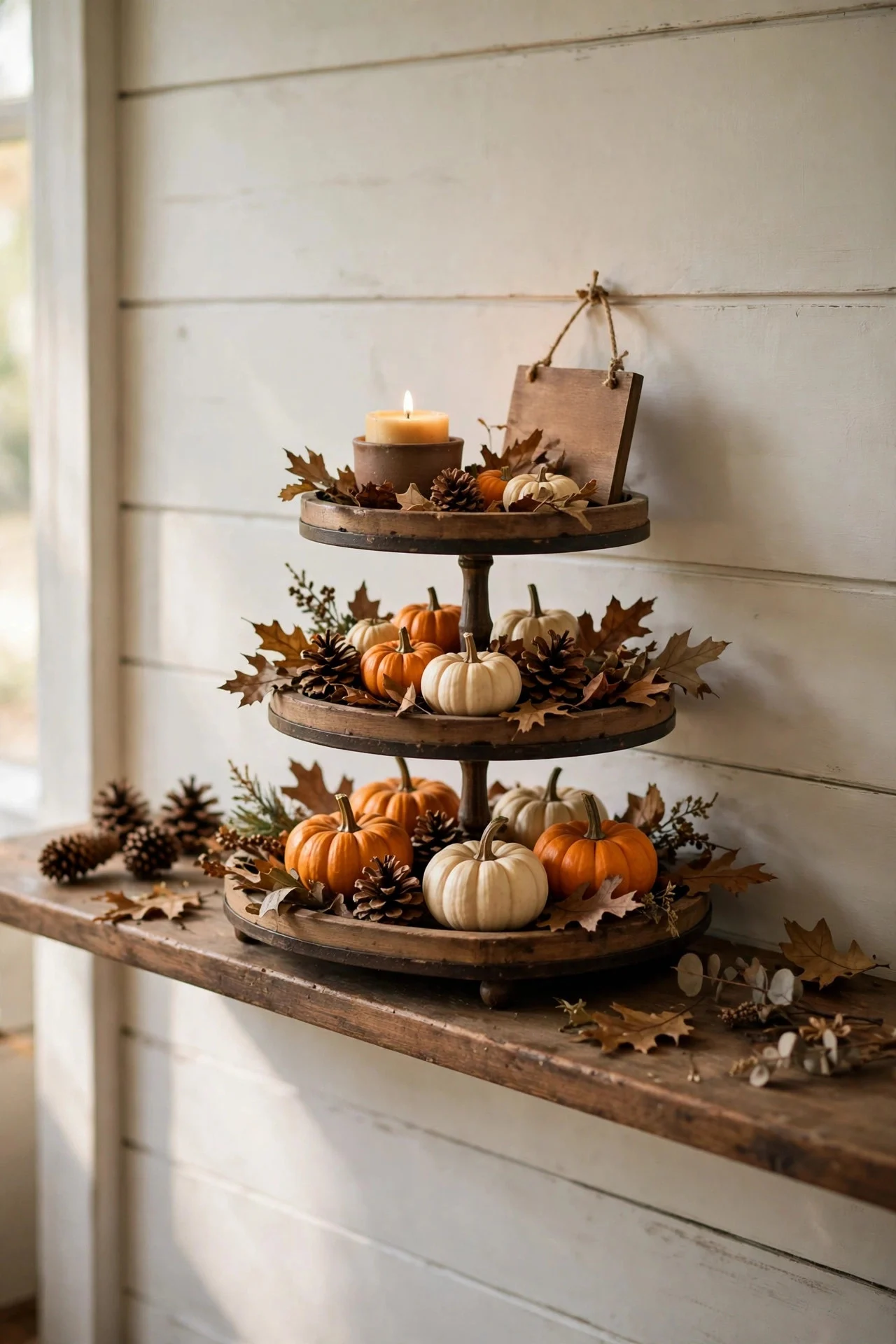 Tiered tray styled for fall on a narrow mantel