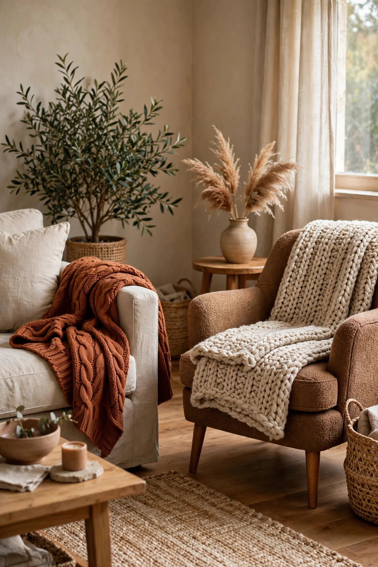 Chunky knit throws in rust and oatmeal draped over living room seating