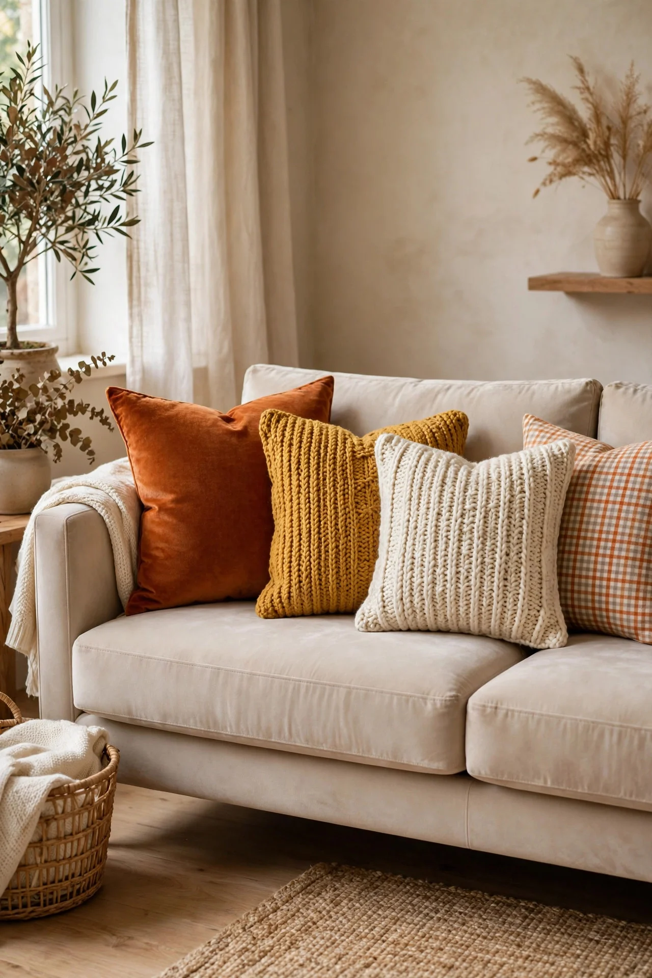 Fall pillow covers in velvet and knit textures on a sofa