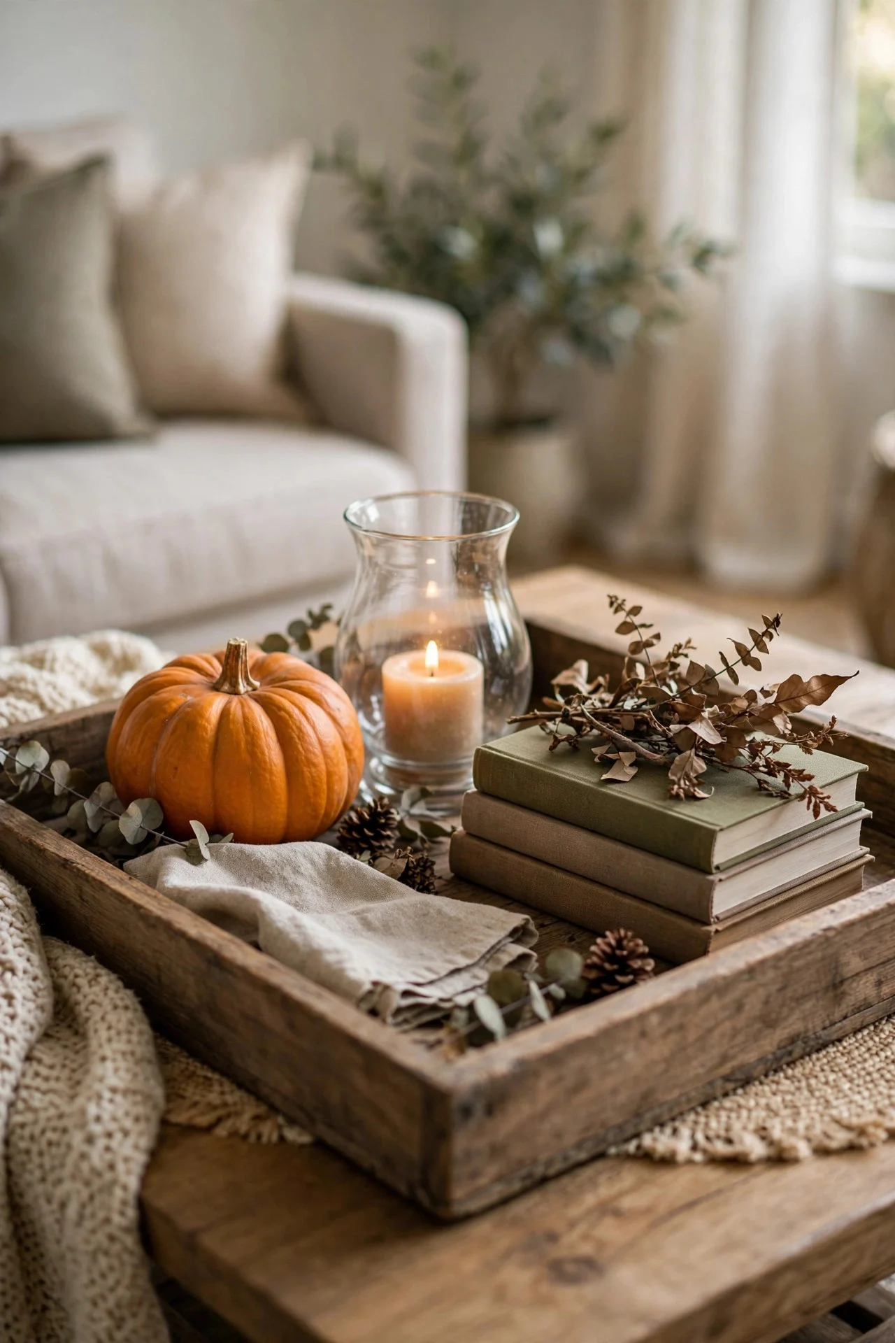 Coffee table tray vignette with pumpkin, candle, and books