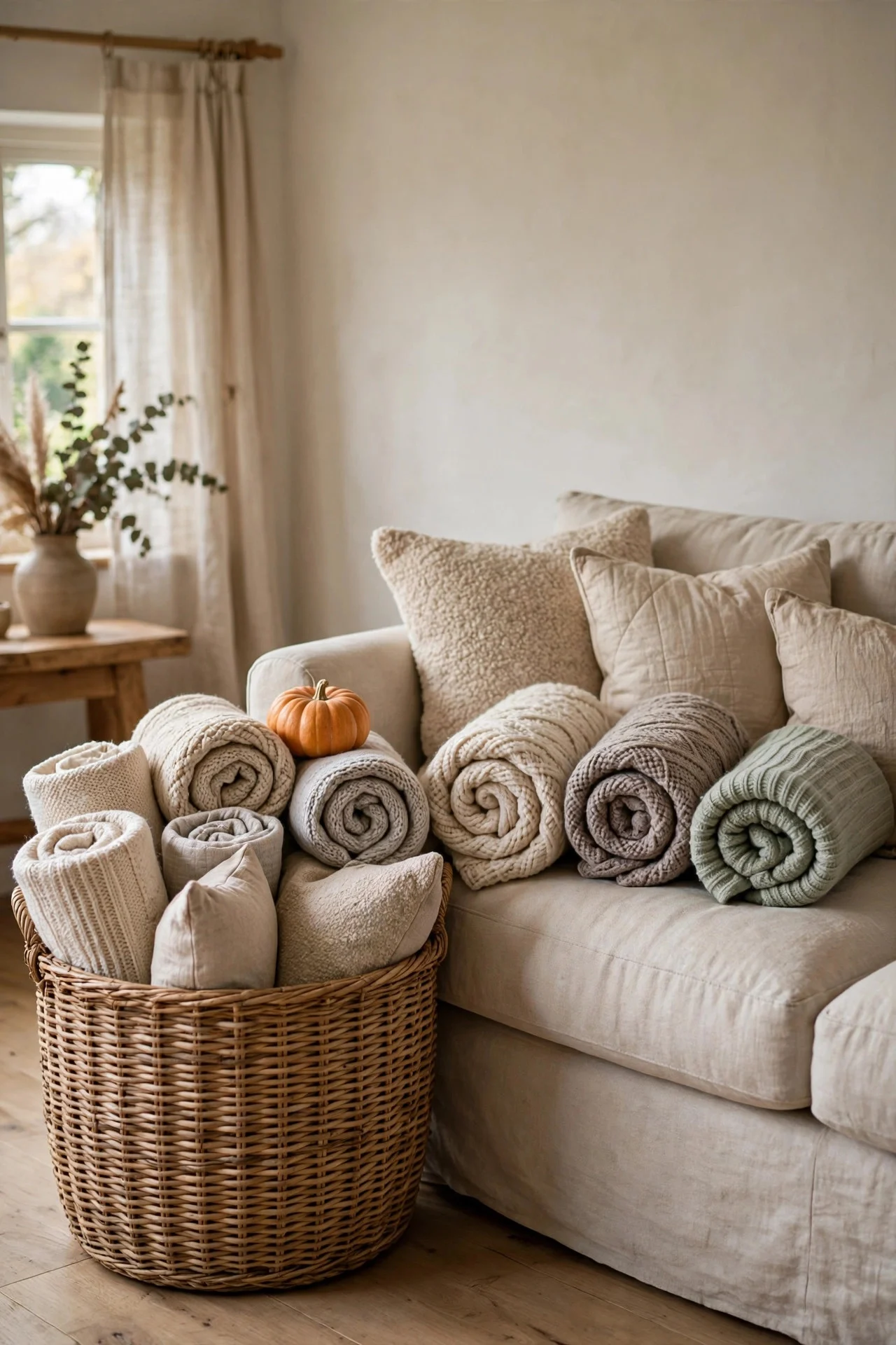 Woven basket filled with rolled throws and pillows by the sofa