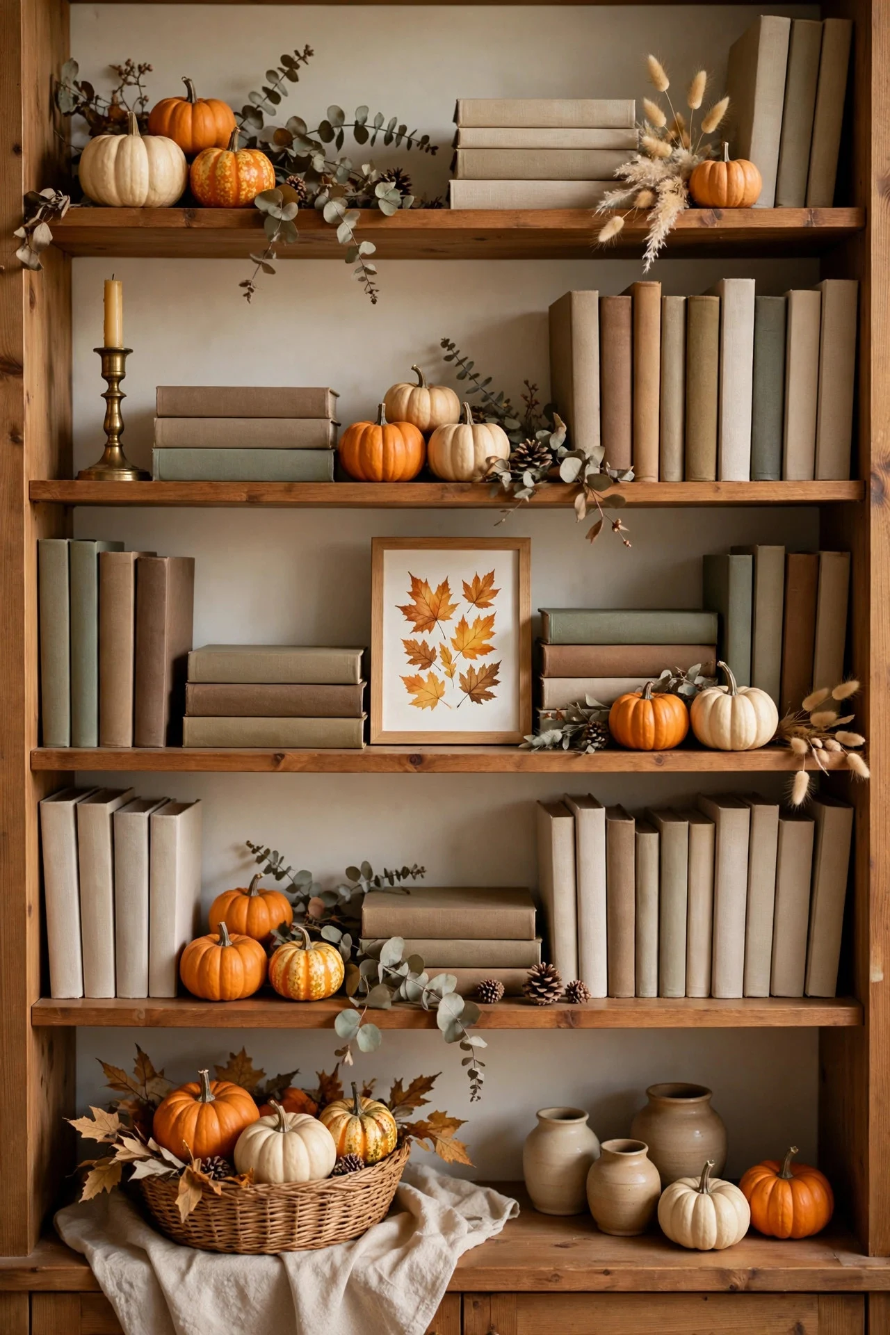 Bookshelves styled with mini pumpkins and fall accents