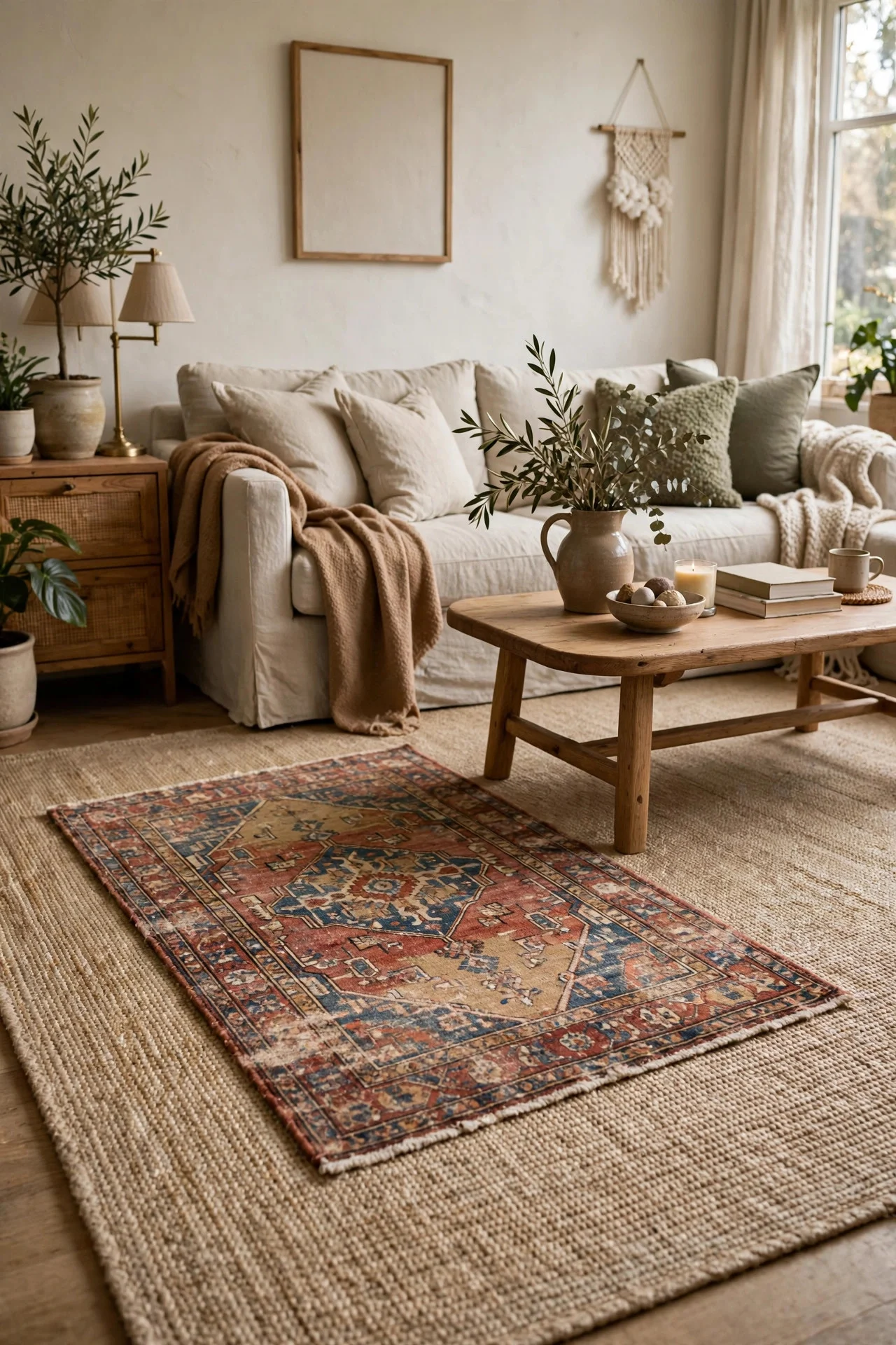 Layered rugs adding warmth to a living room