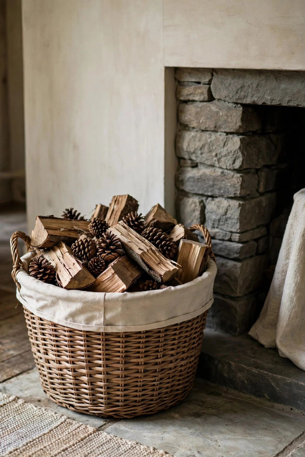 Log basket with firewood and pinecones beside the fireplace