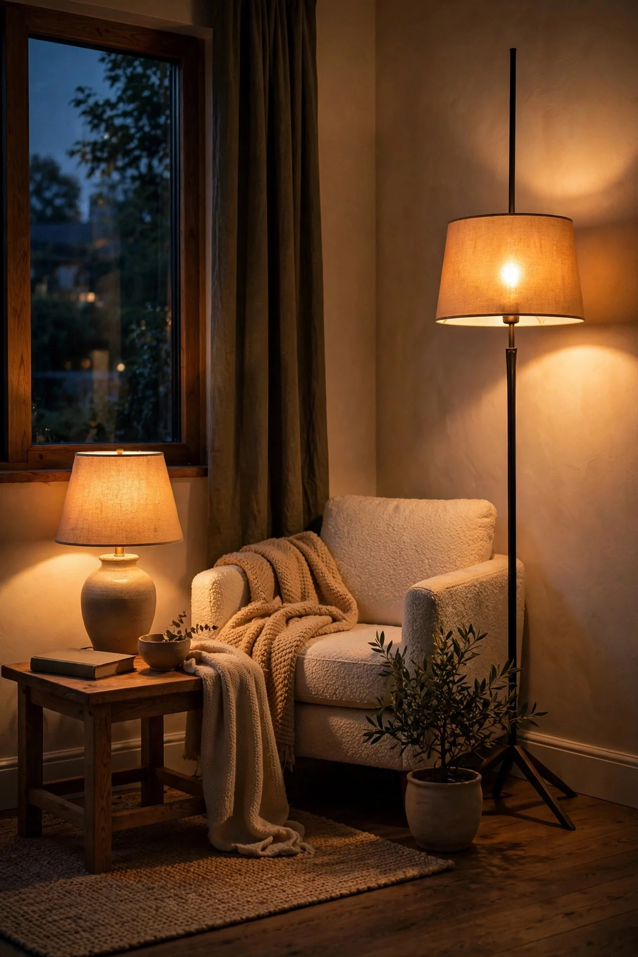 Living room warmed by amber-toned lamps glowing in the evening