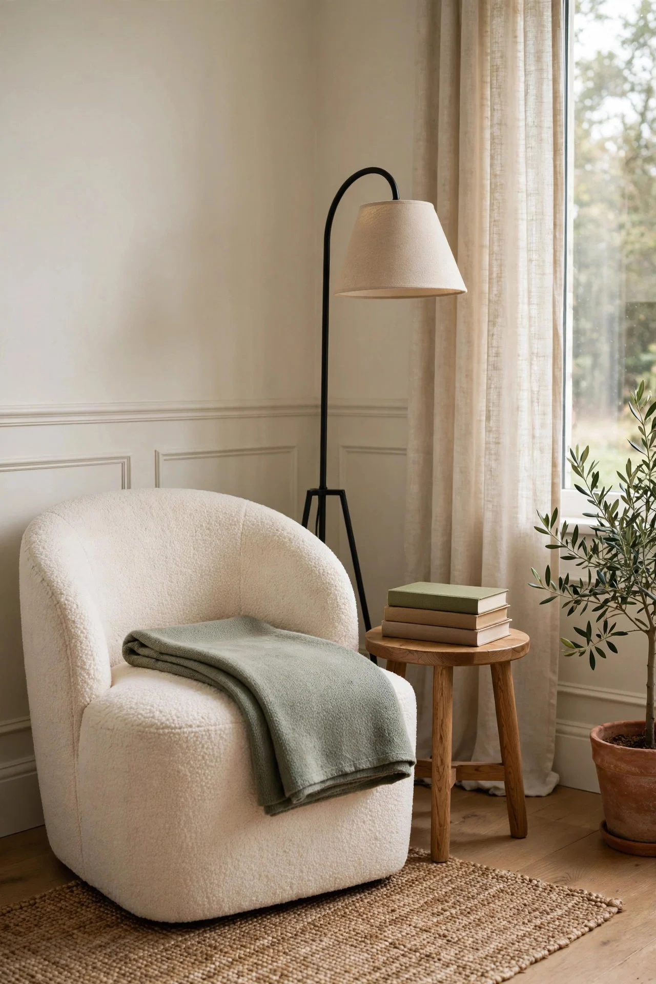 Cozy reading nook with chair, floor lamp, and throw