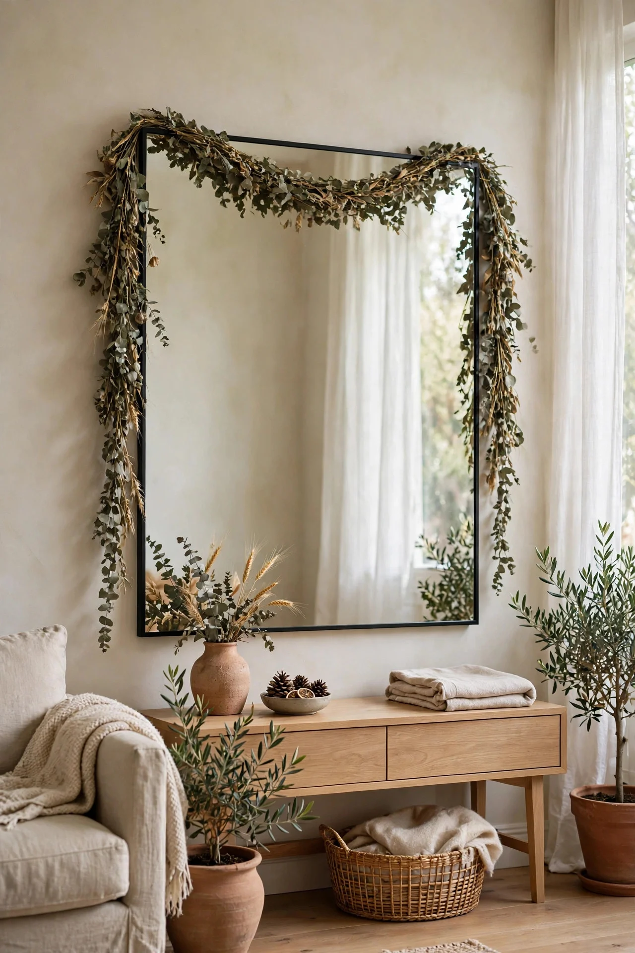 Dried garland draped over a living room mirror