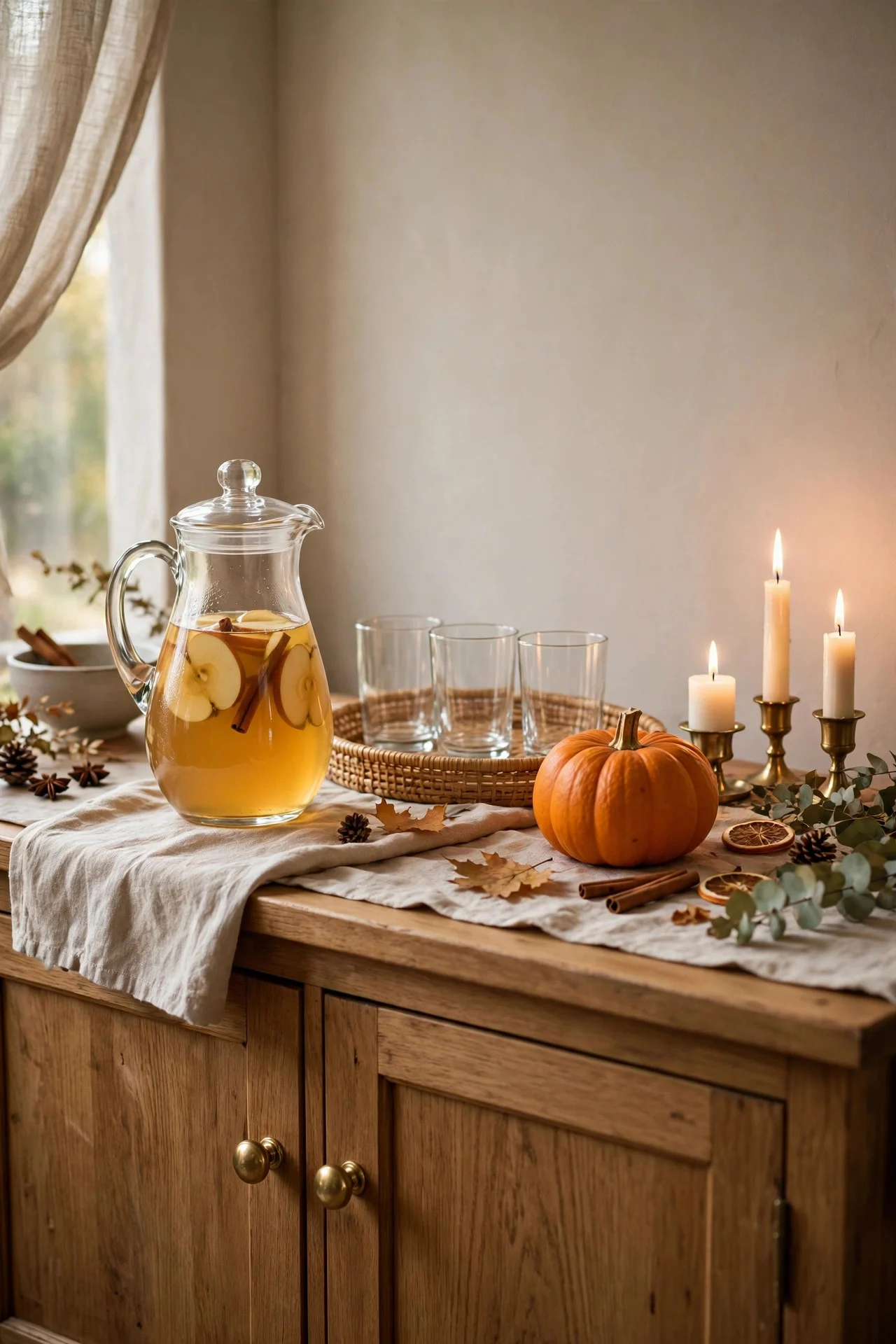 Sideboard styled as a fall cider drinks station